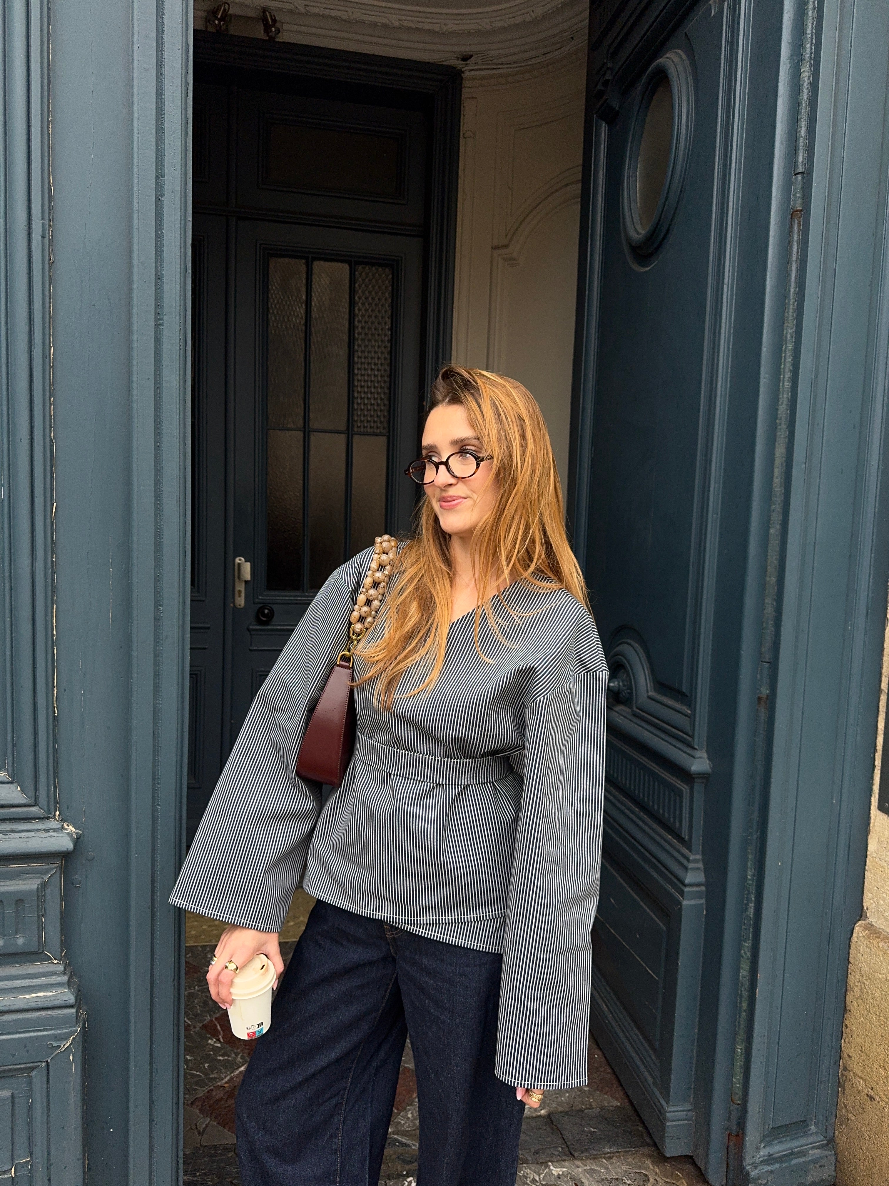 Kimono denim marine à rayures
