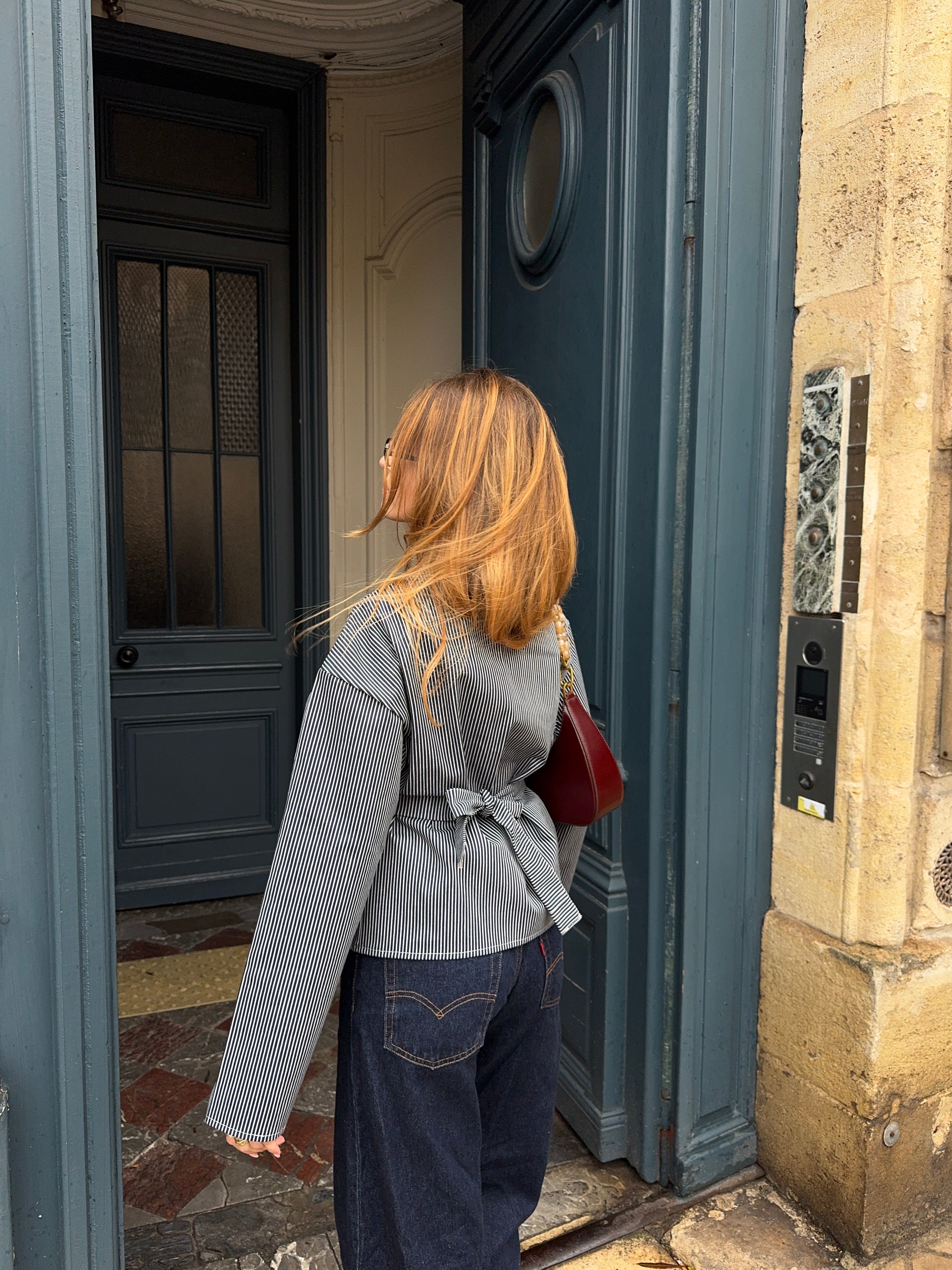Kimono denim marine à rayures