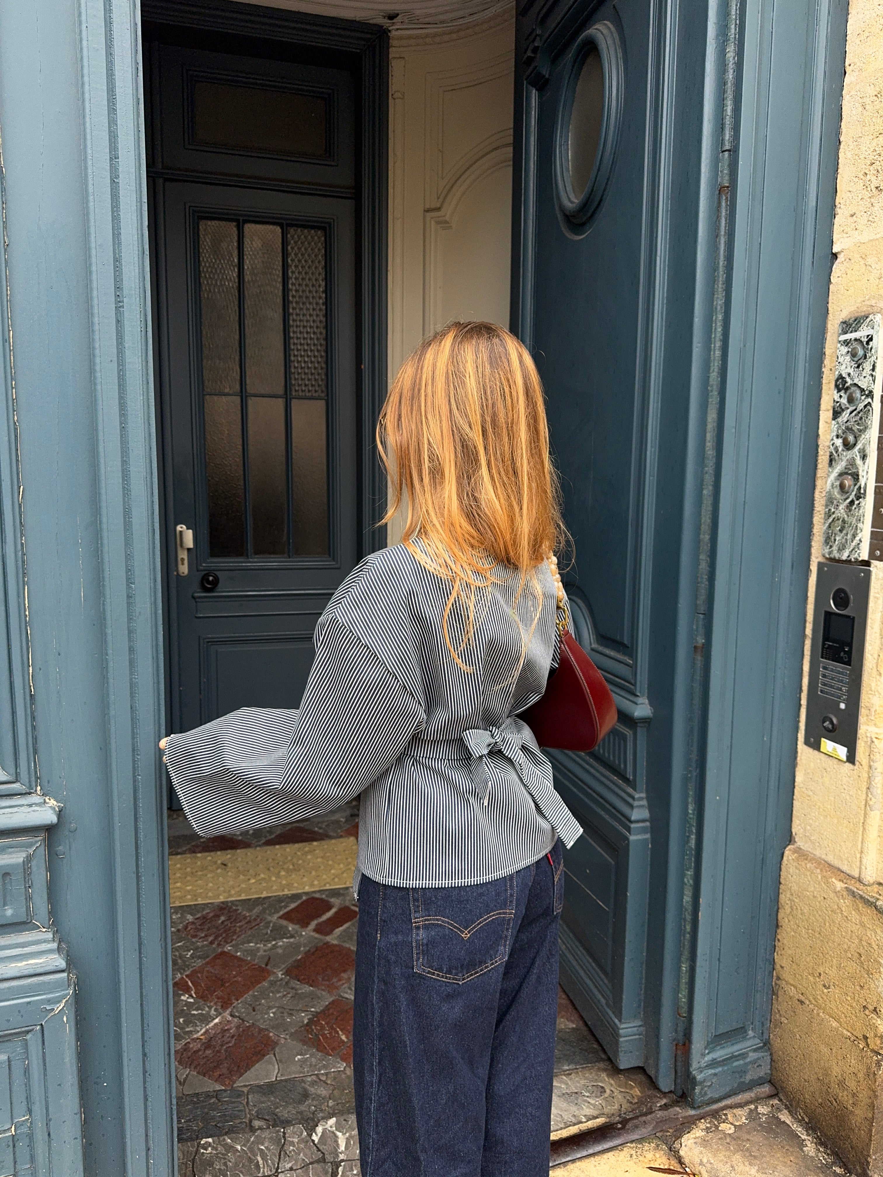 Kimono denim marine à rayures