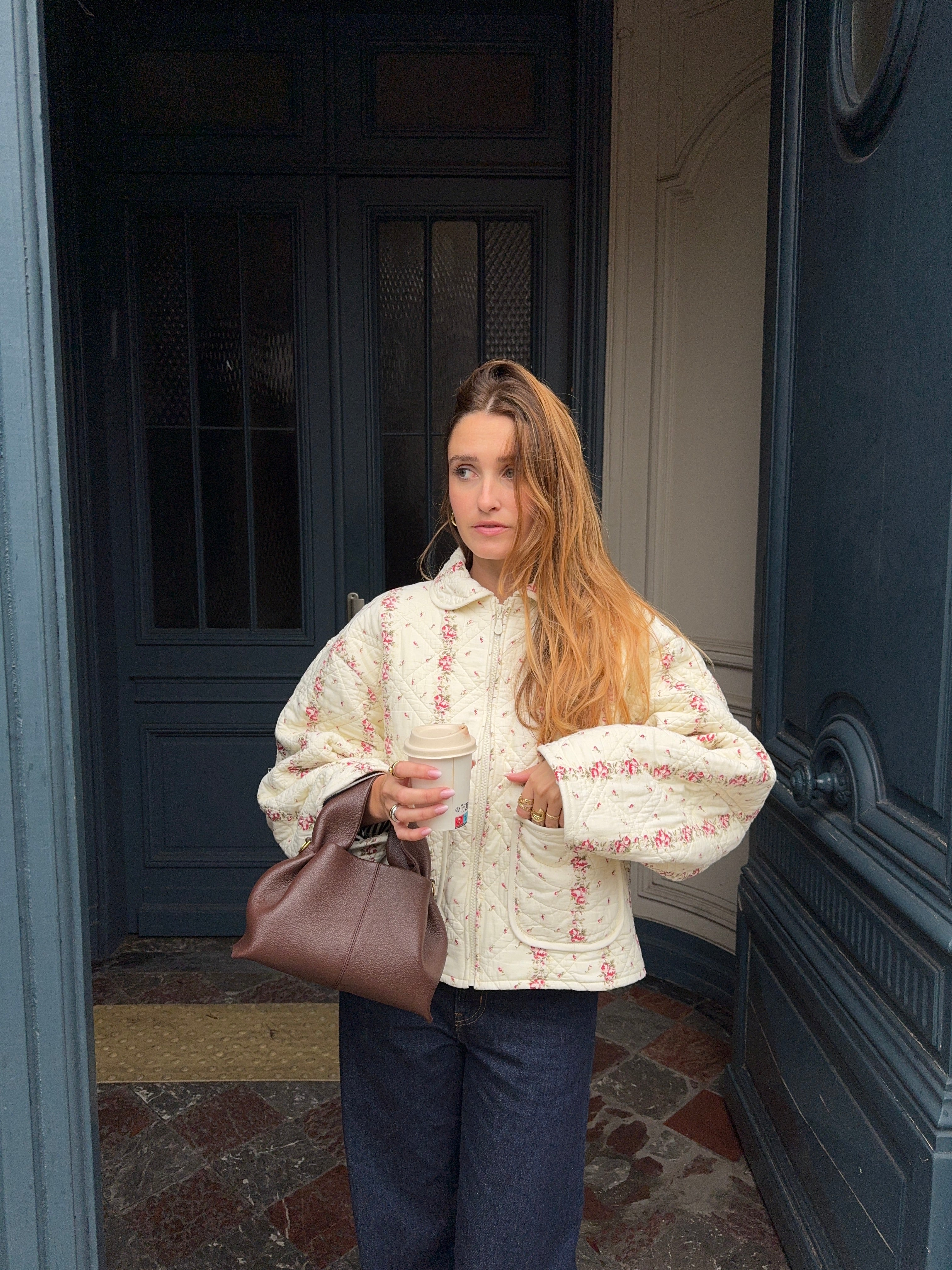 Veste upcyclée matelassée écrue à fleurs