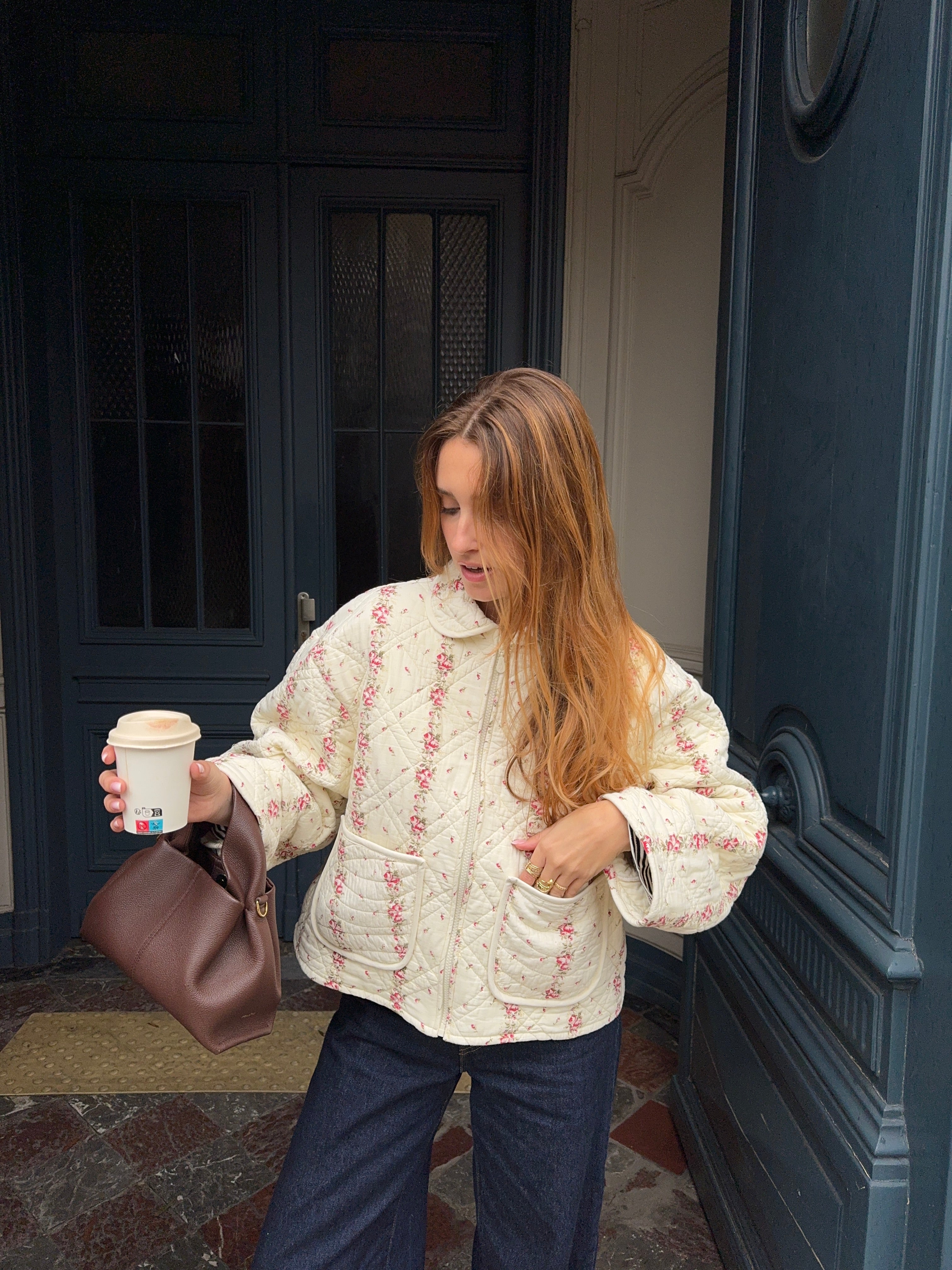 Veste upcyclée matelassée écrue à fleurs