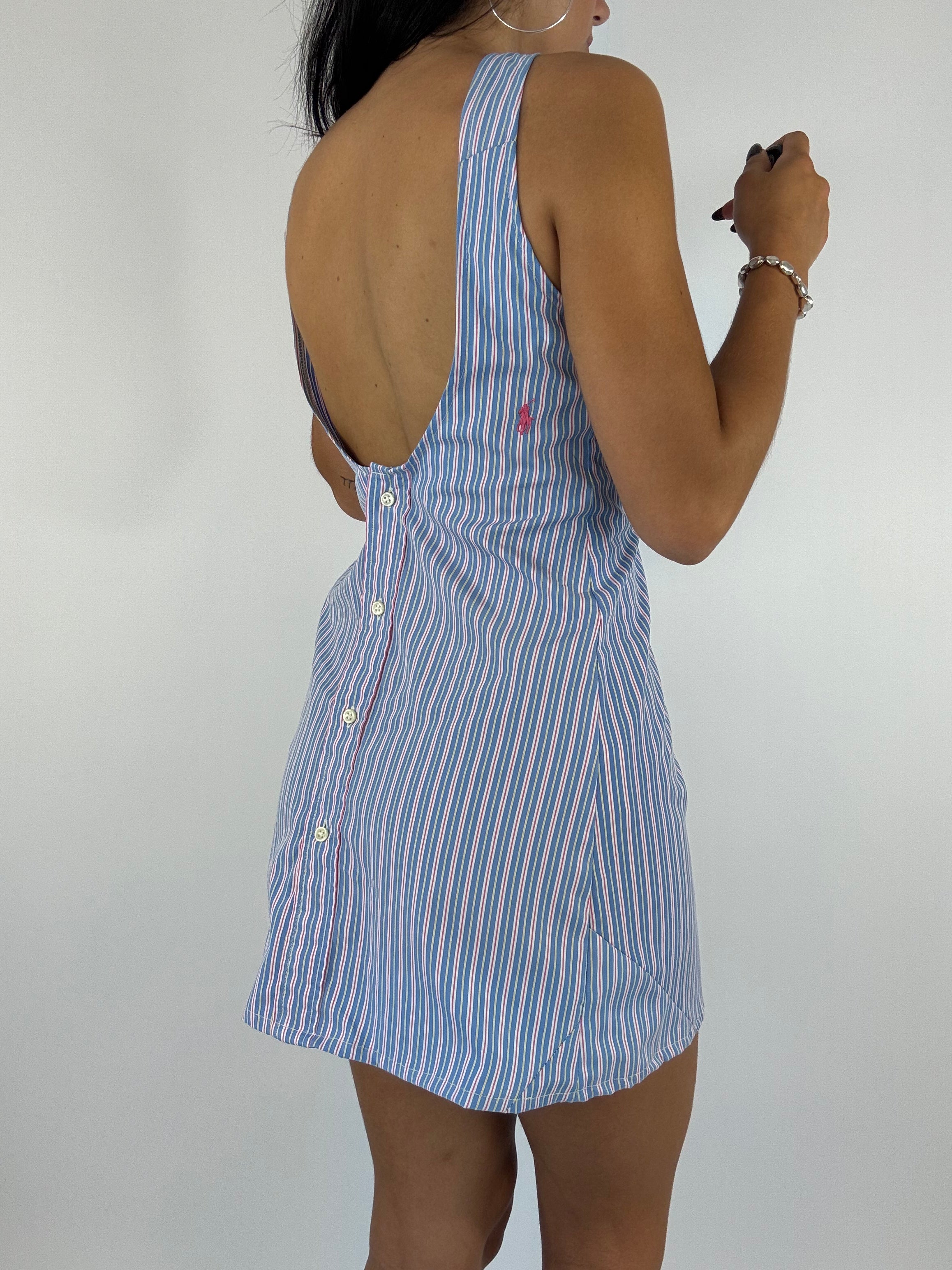 Robe upcyclée dos nu bleue à rayures