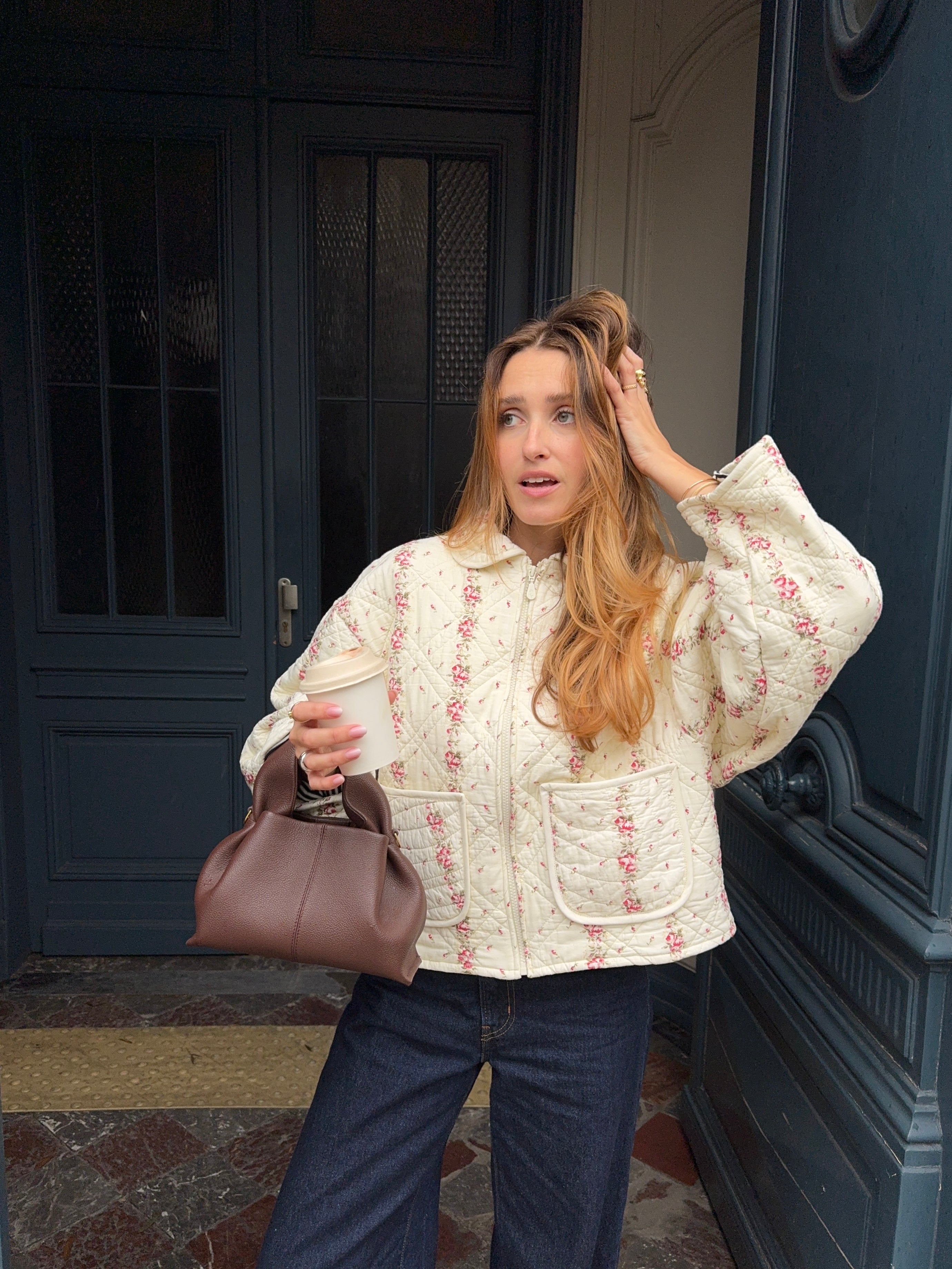 Veste upcyclée matelassée écrue à fleurs