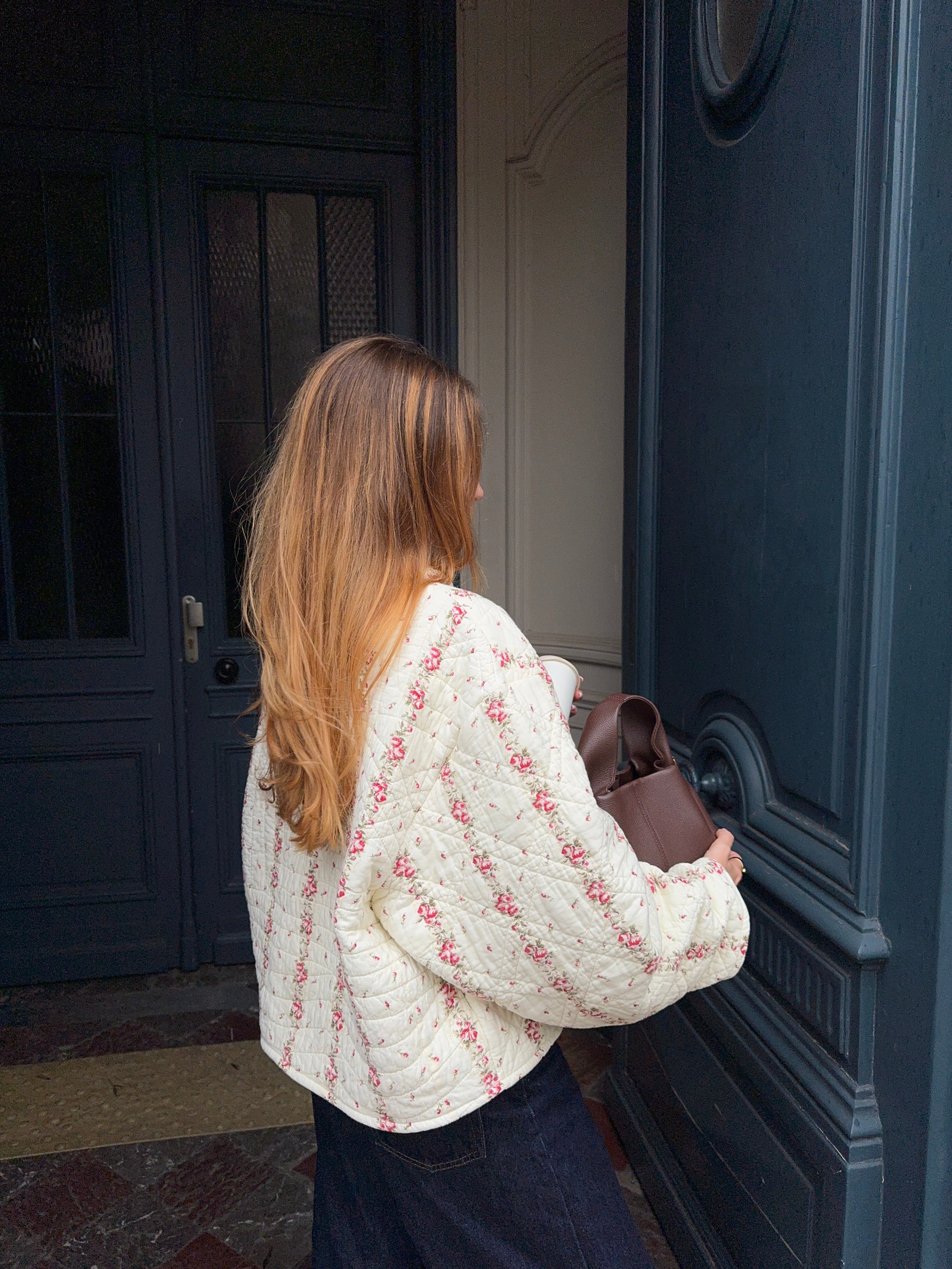 Veste upcyclée matelassée écrue à fleurs