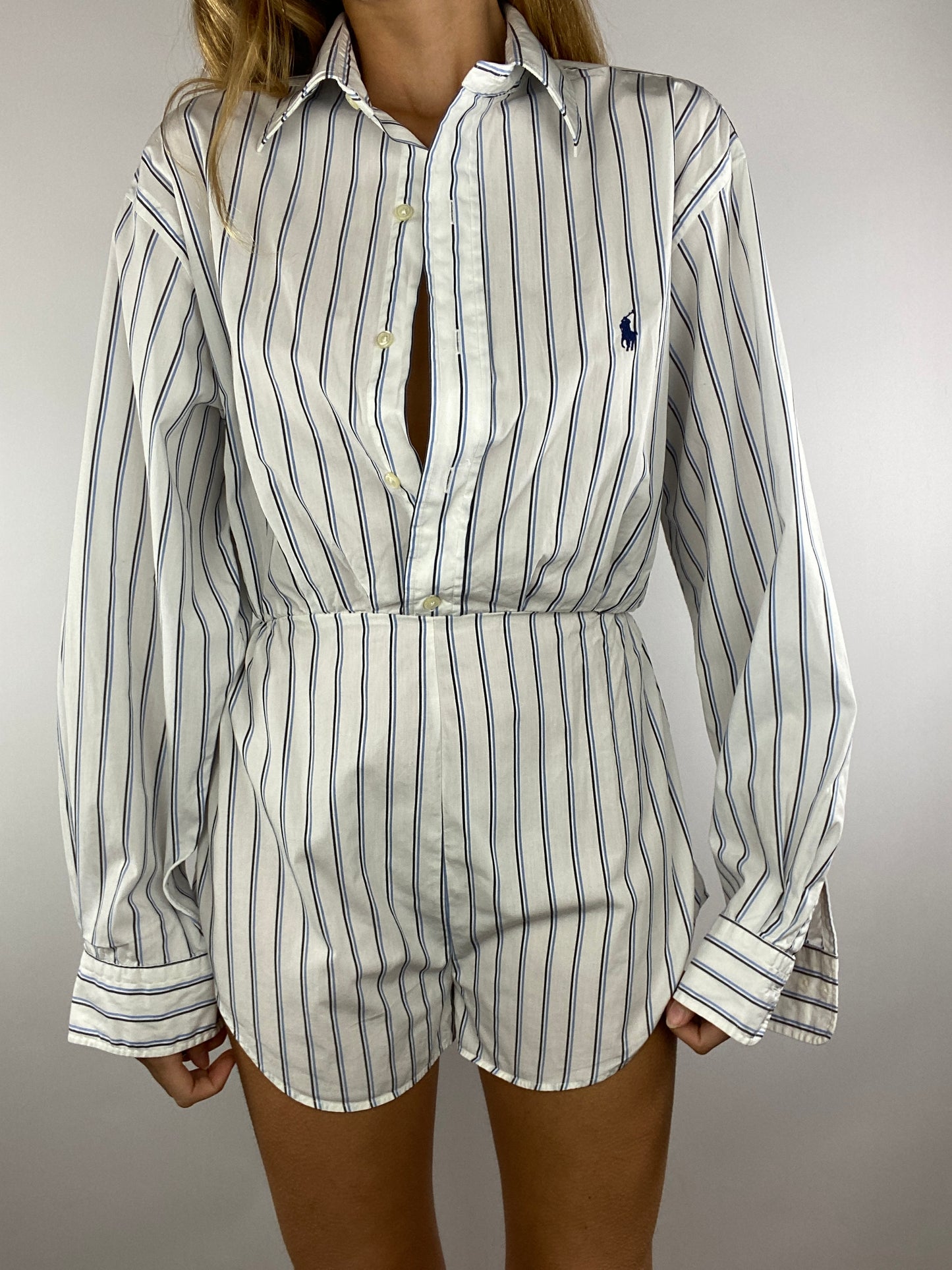 Combinaison upcyclée blanche à rayures bleues