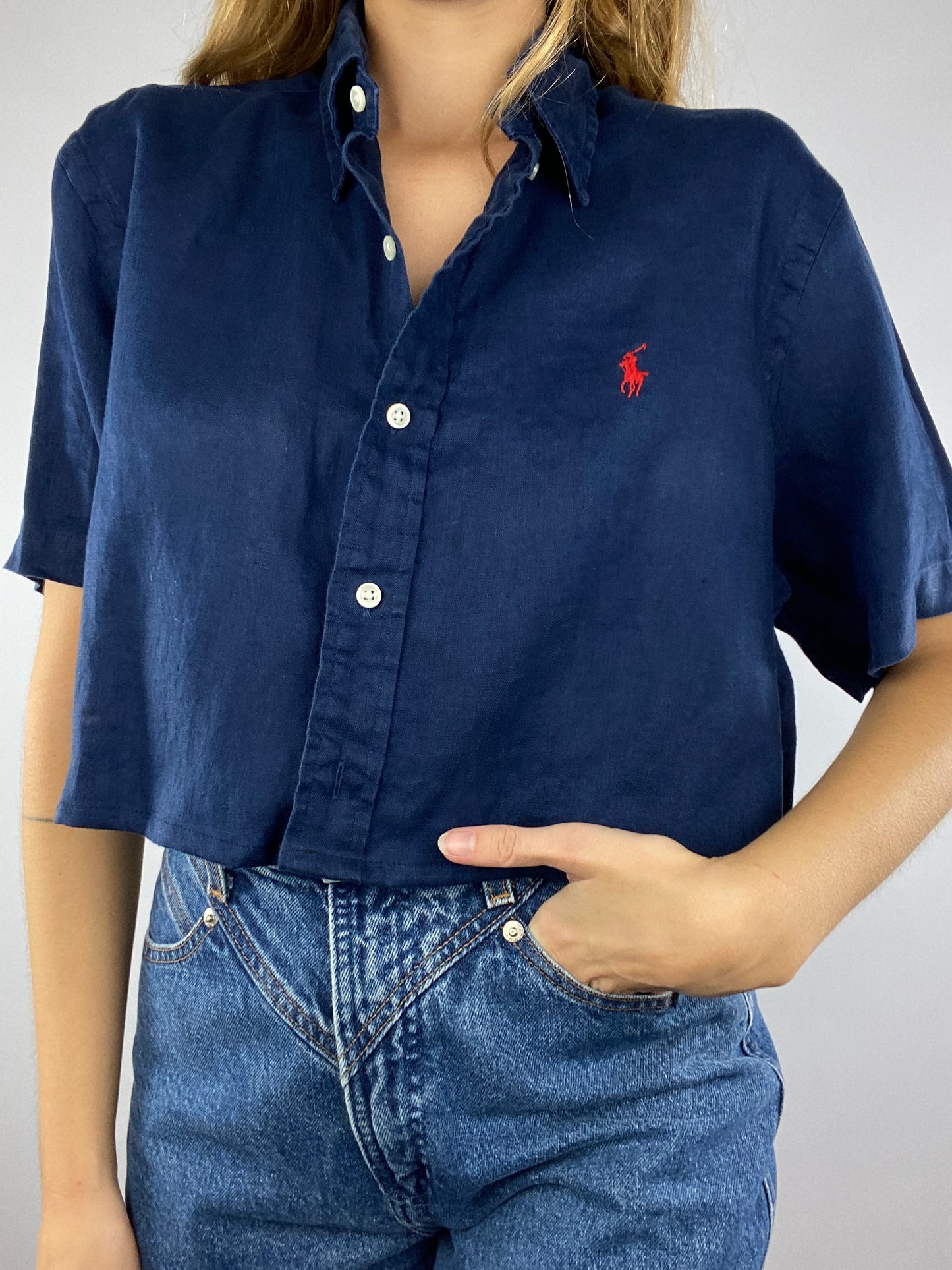 Chemisette upcyclée dos nu V lin/soie marine