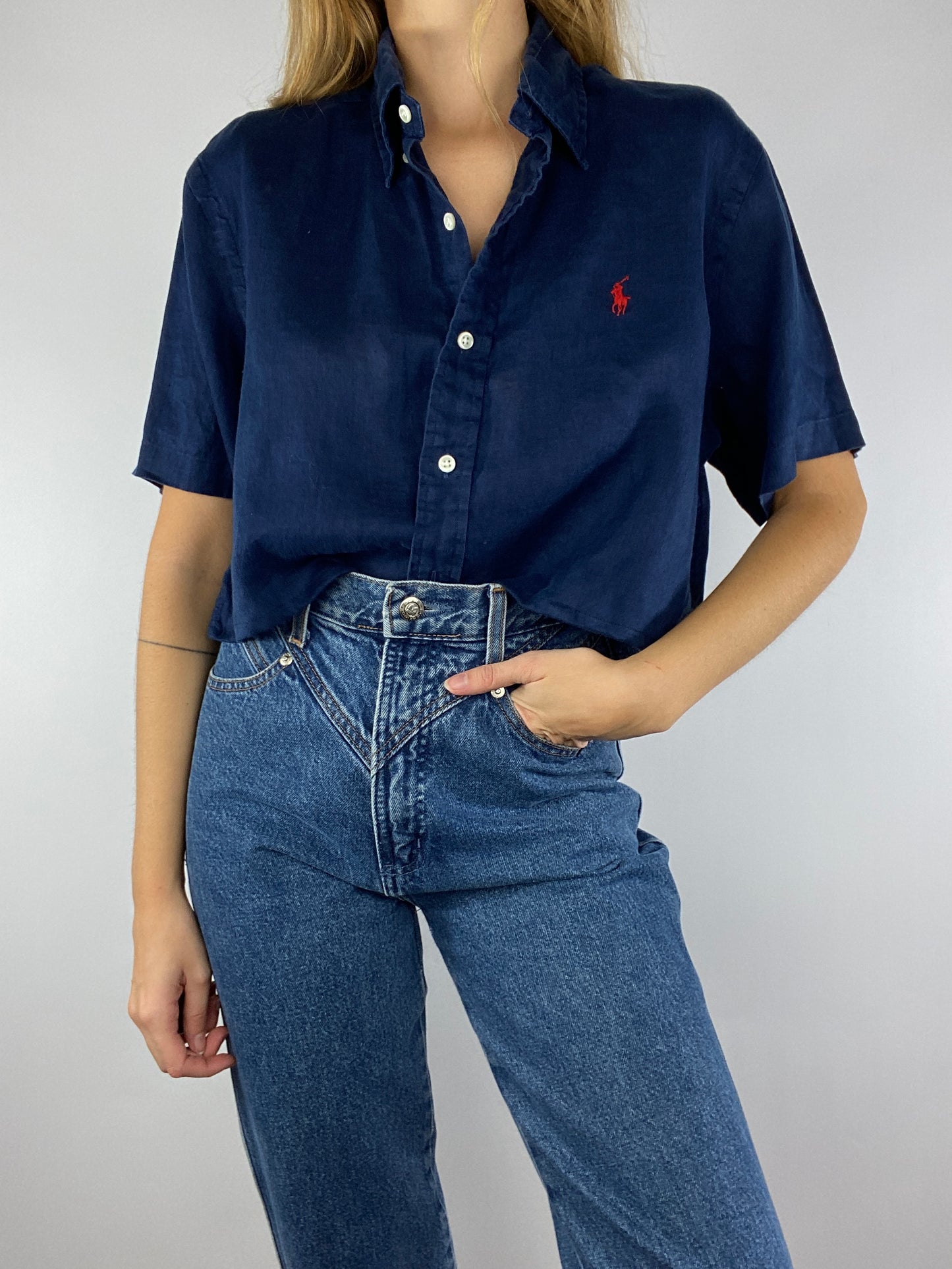 Chemisette upcyclée dos nu V lin/soie marine