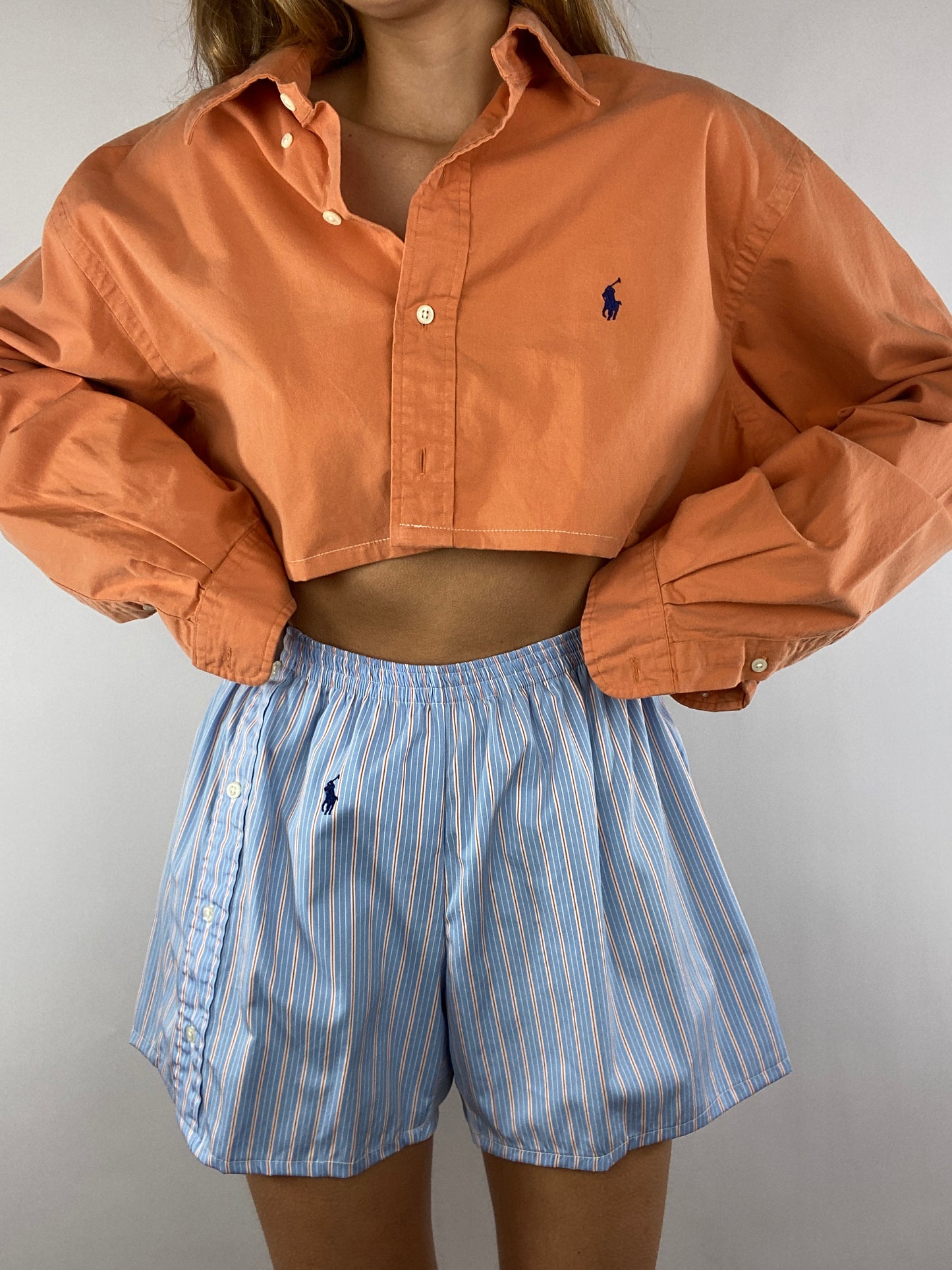 Caleçon short upcyclé bleu clair à rayures