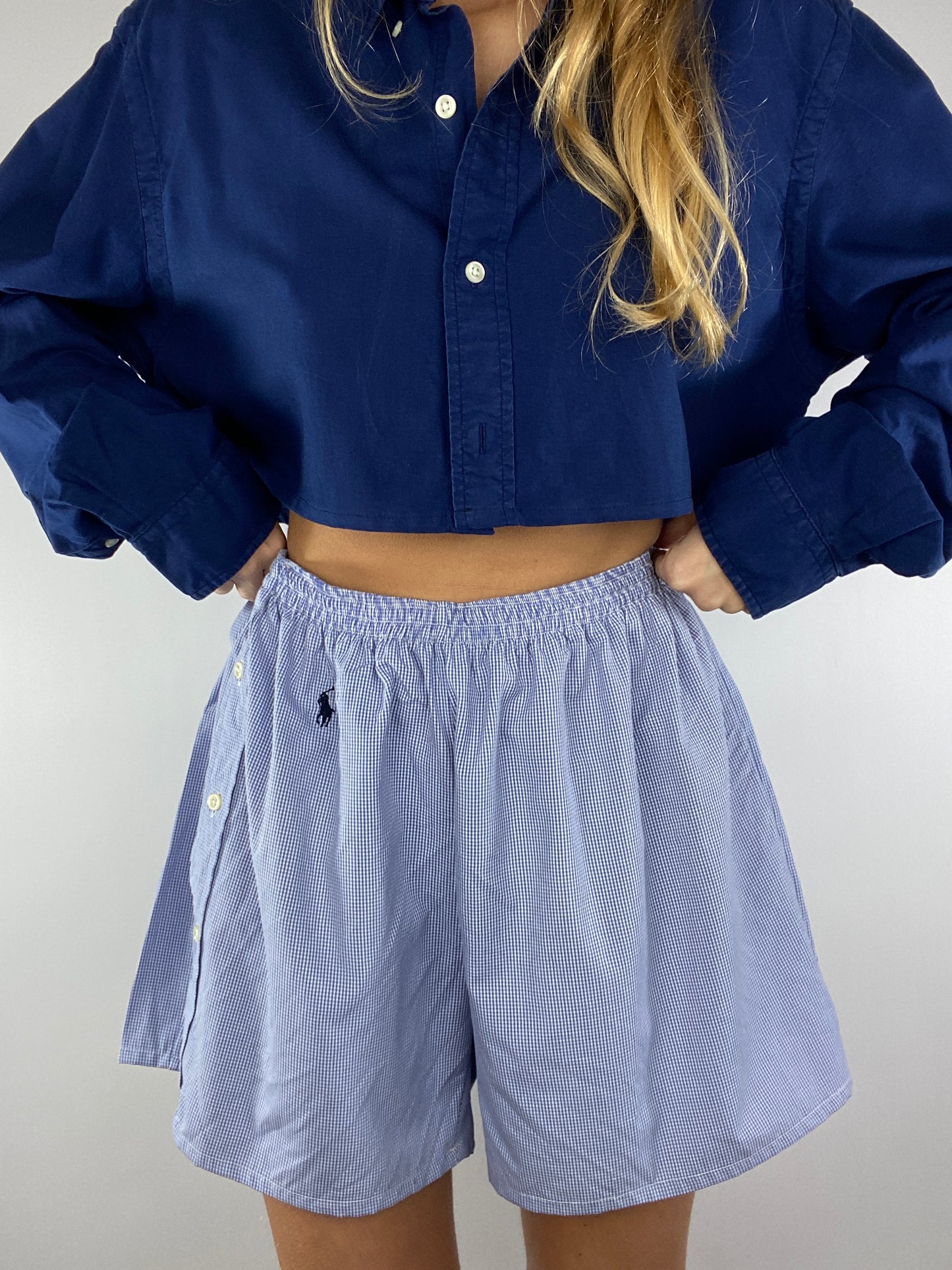 Caleçon short upcyclé à petits carreaux bleus