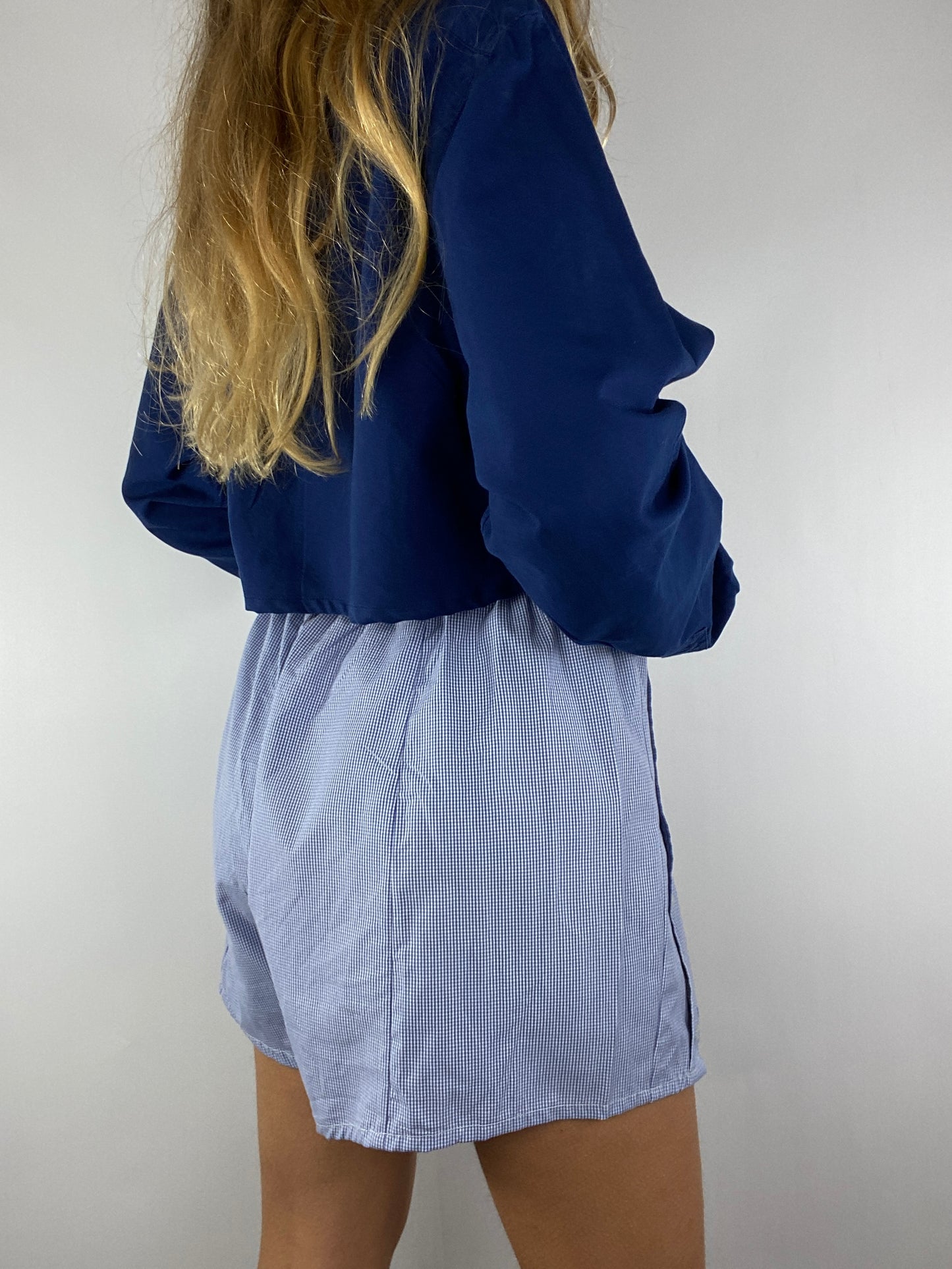 Caleçon short upcyclé à petits carreaux bleus