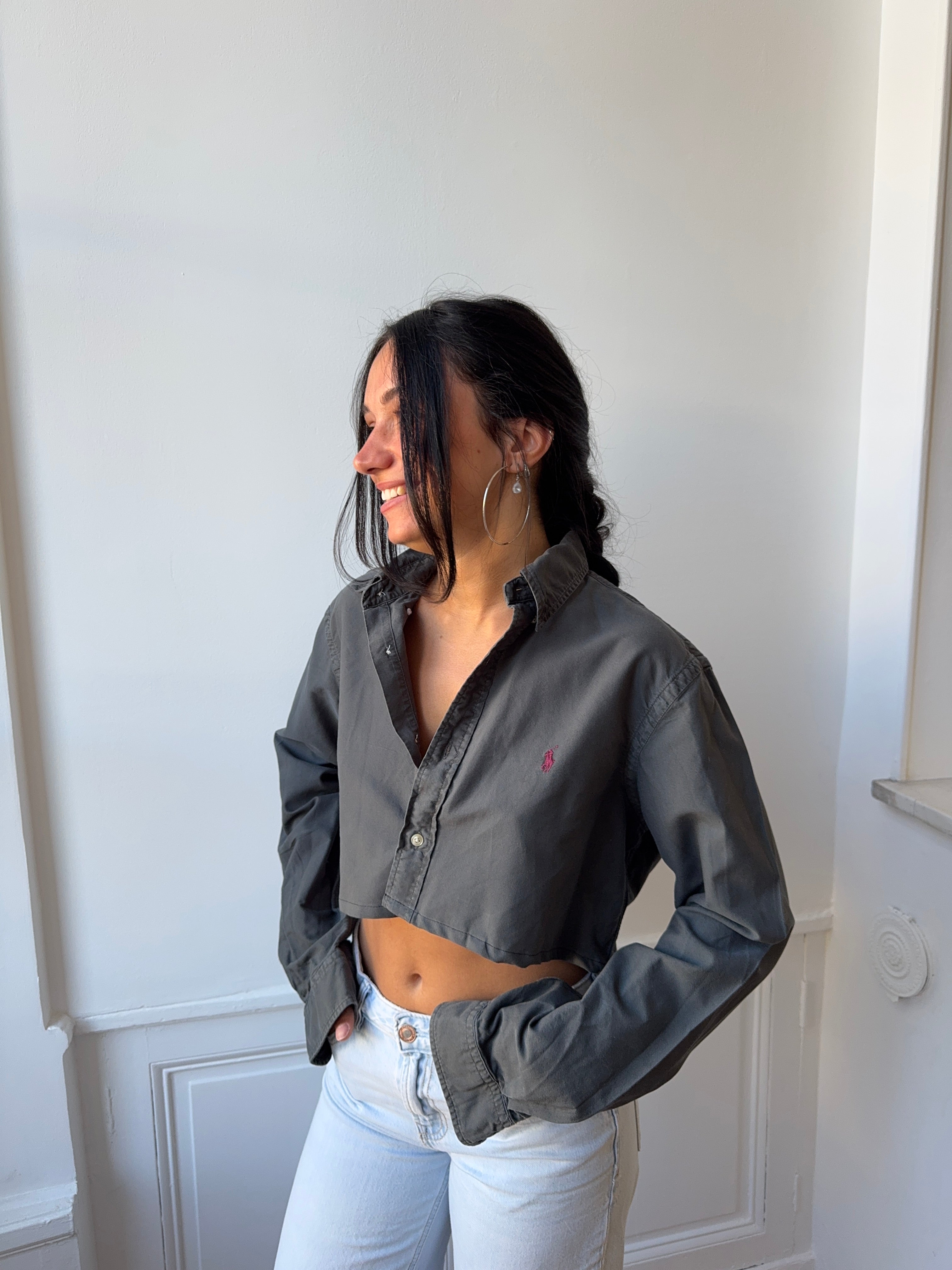 Chemise upcyclée dos nu V anthracite