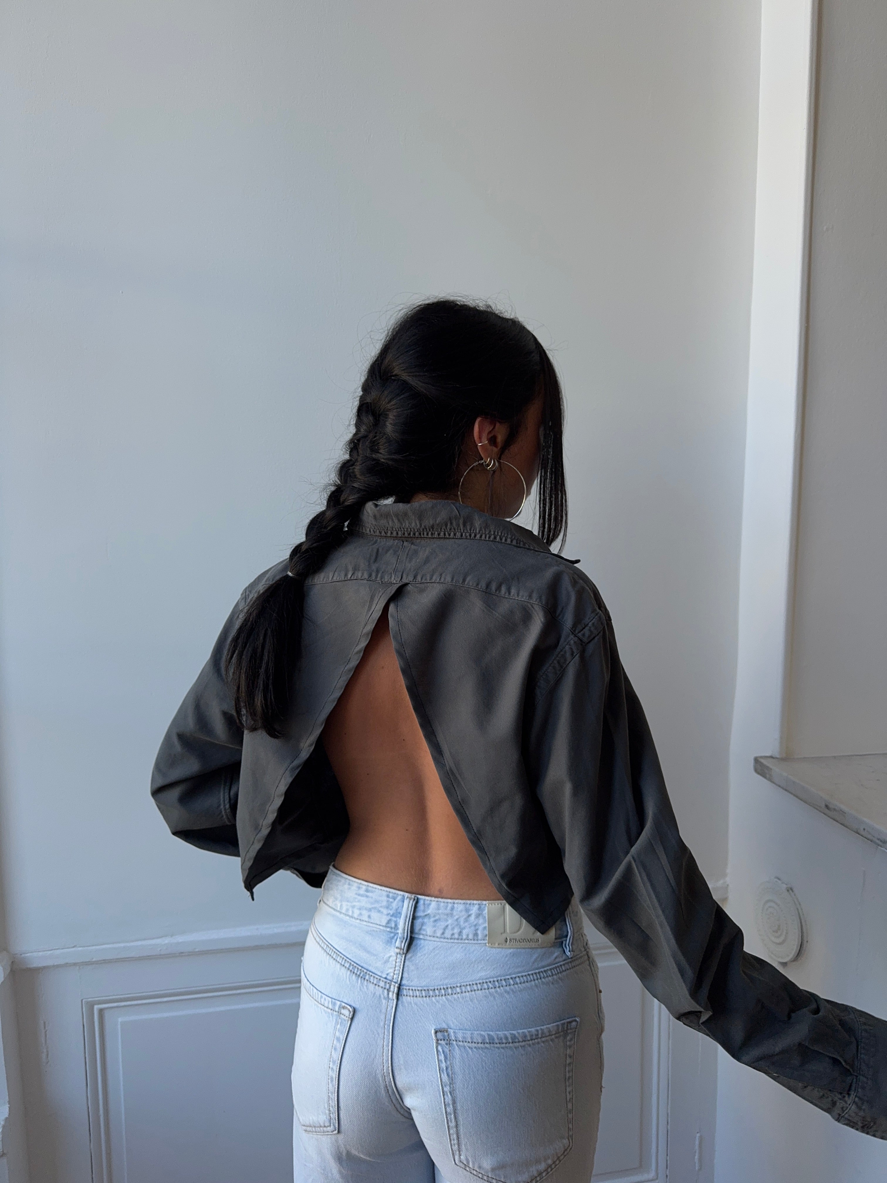 Chemise upcyclée dos nu V anthracite