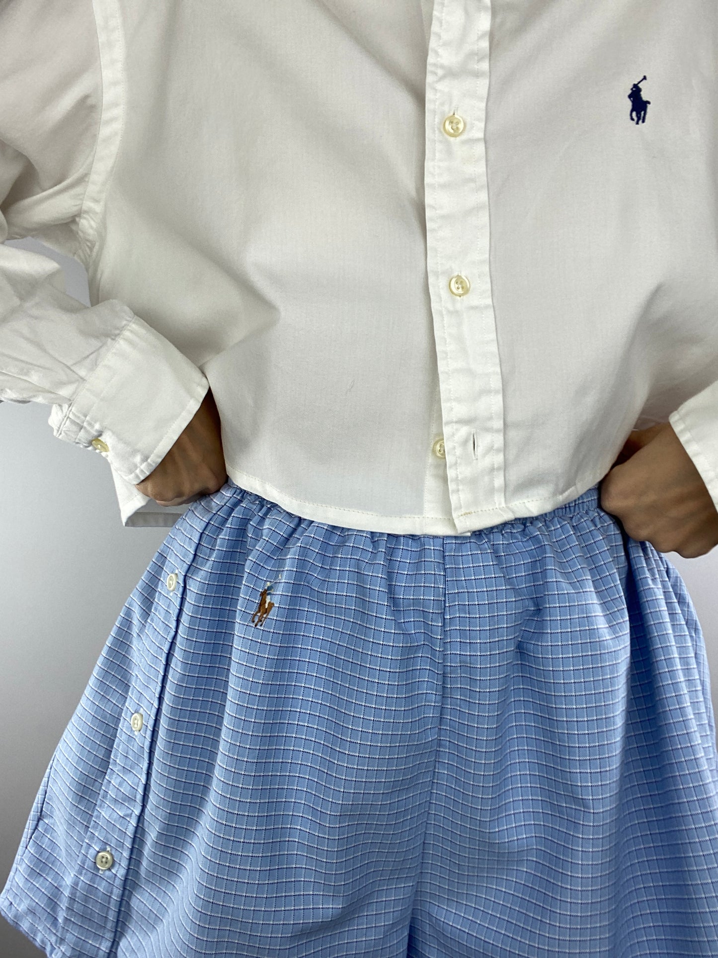 Caleçon short upcyclé bleu clair à carreaux