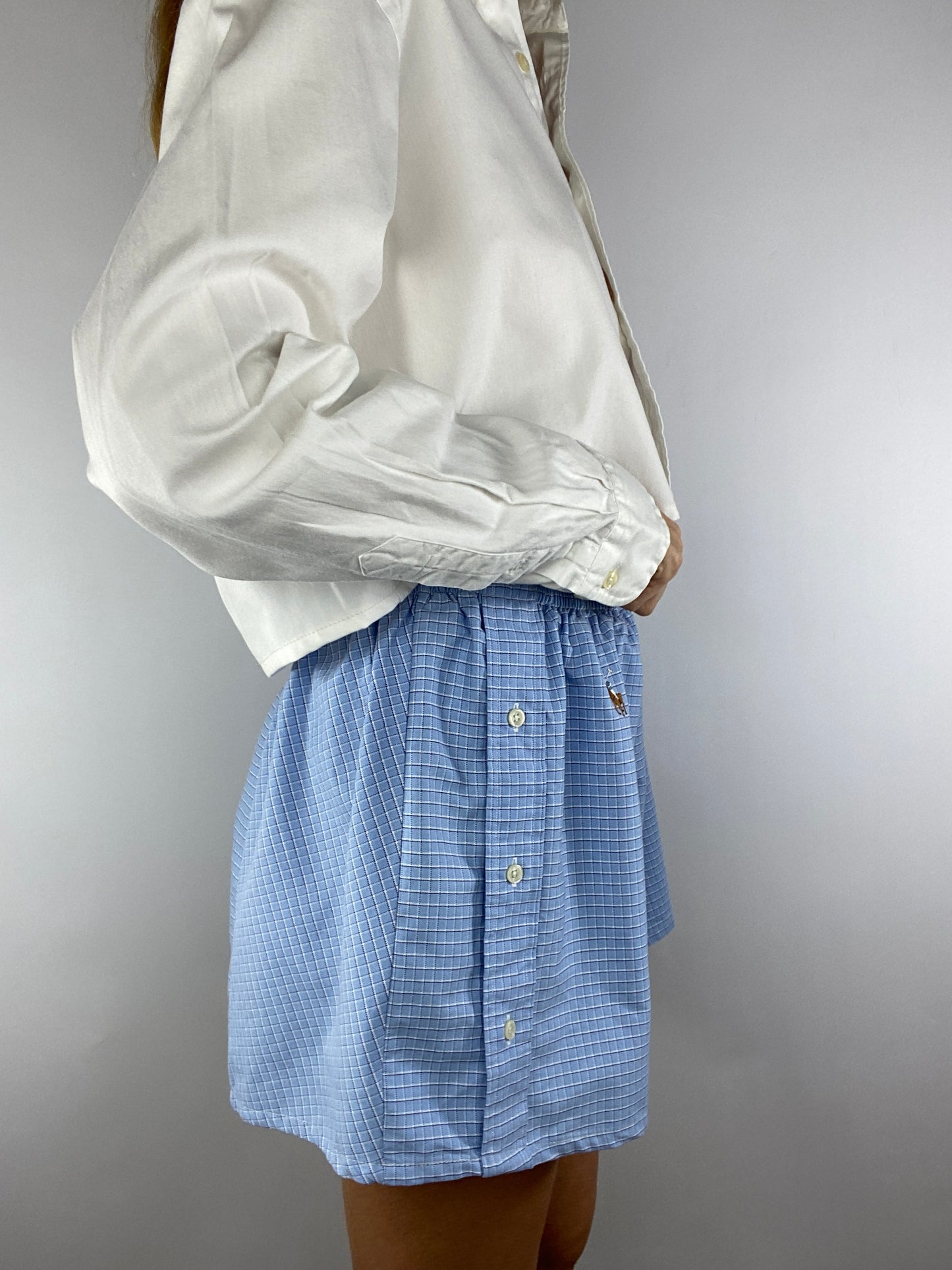 Caleçon short upcyclé bleu clair à carreaux