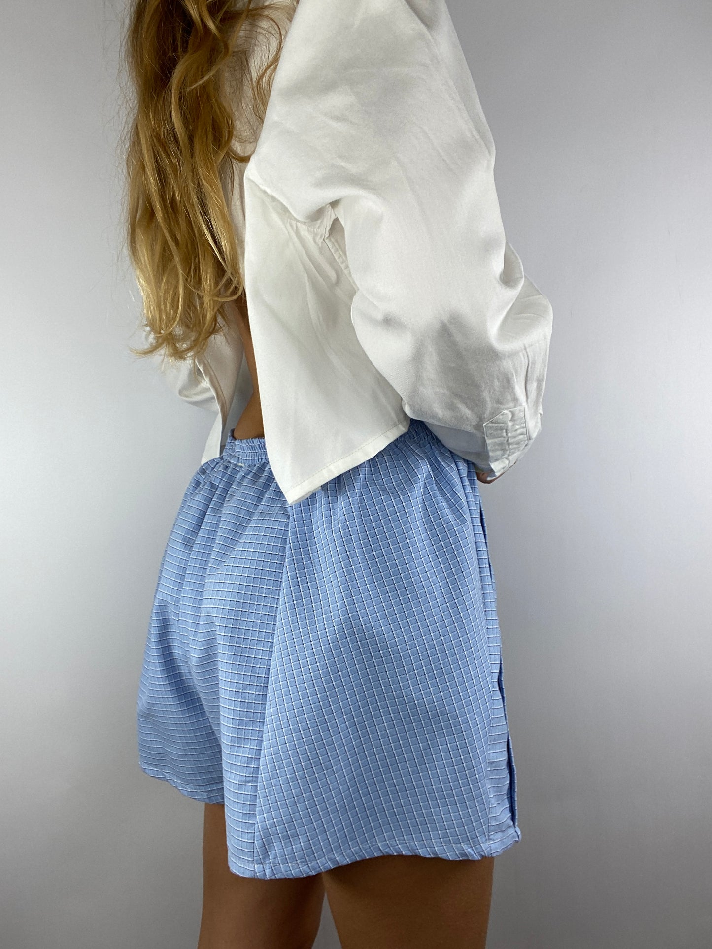Caleçon short upcyclé bleu clair à carreaux