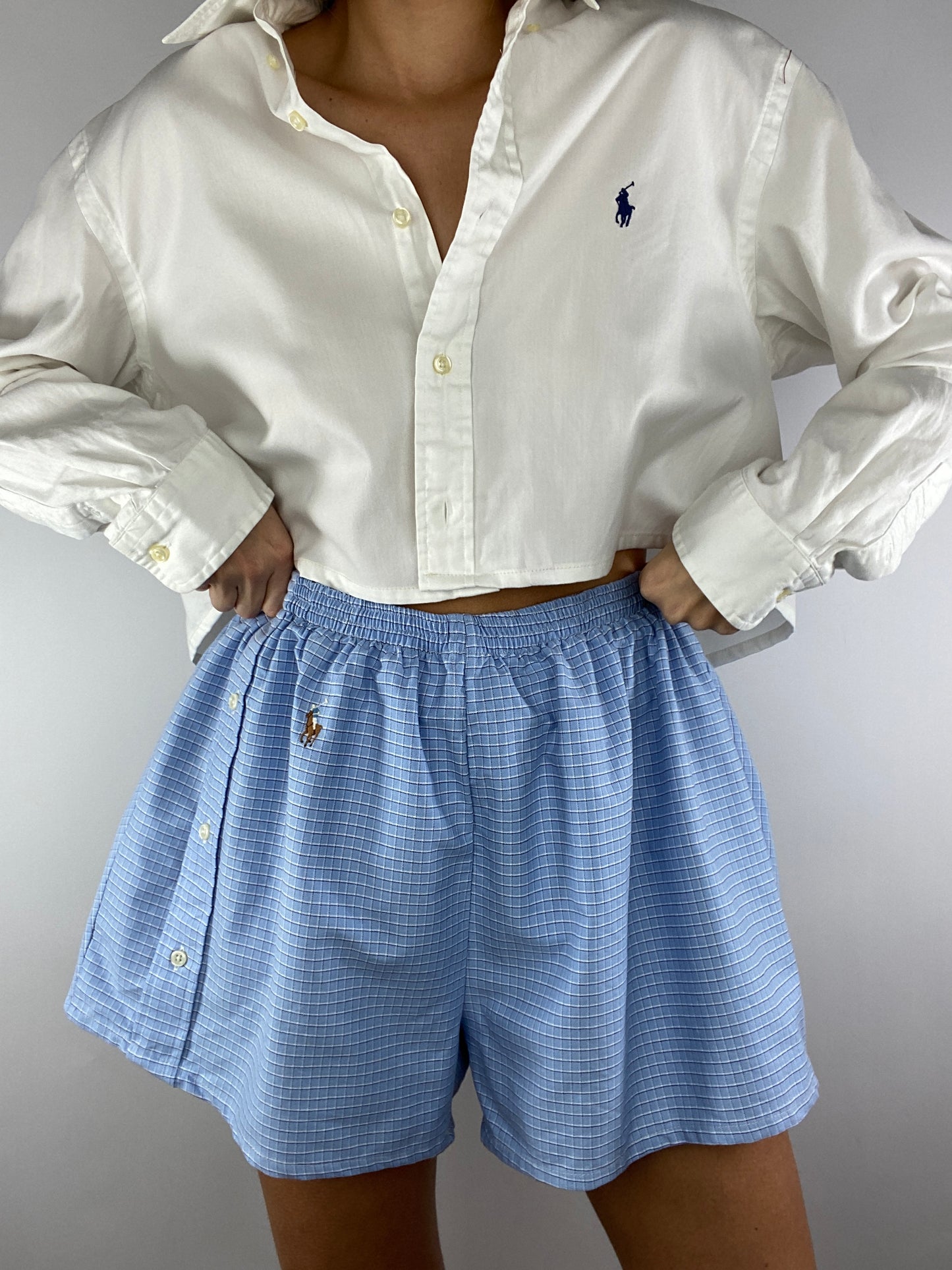 Caleçon short upcyclé bleu clair à carreaux