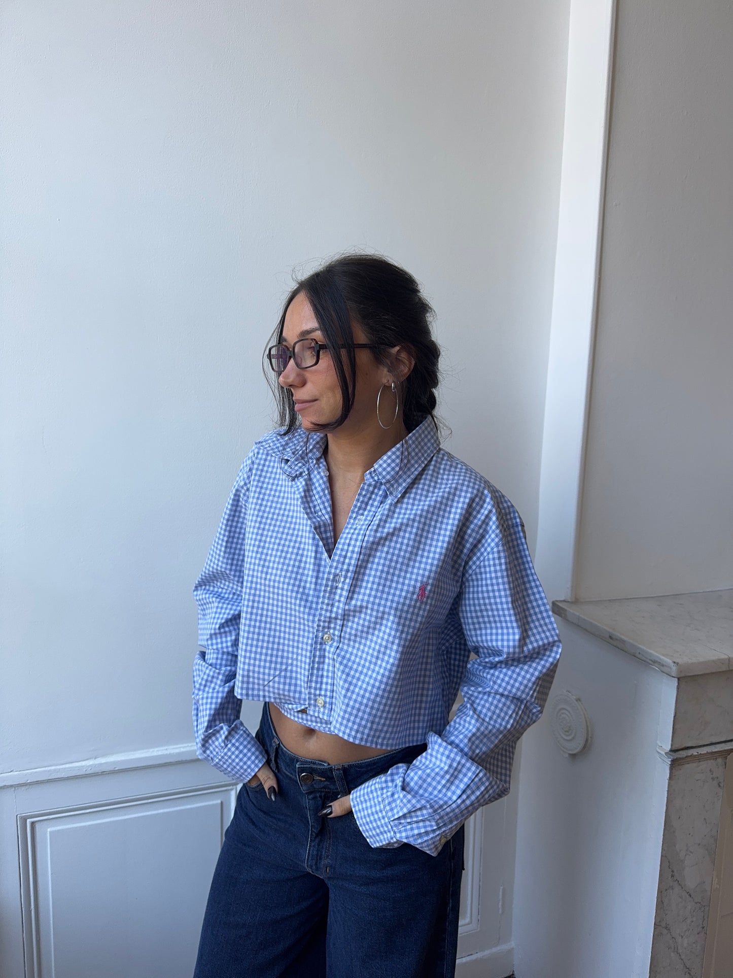 Chemise upcyclée dos nu vichy bleu