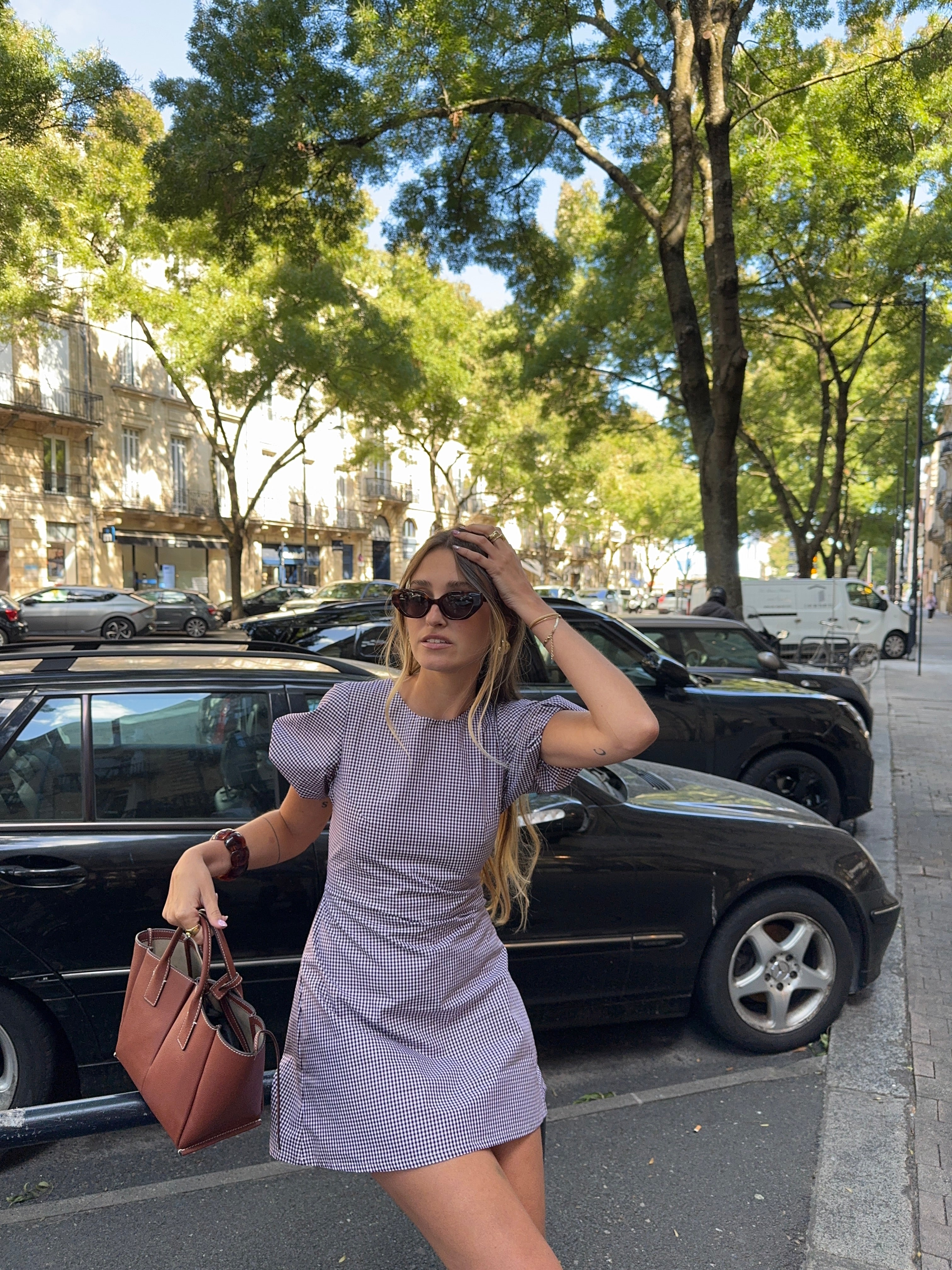 Robe manches ballon vichy bordeaux