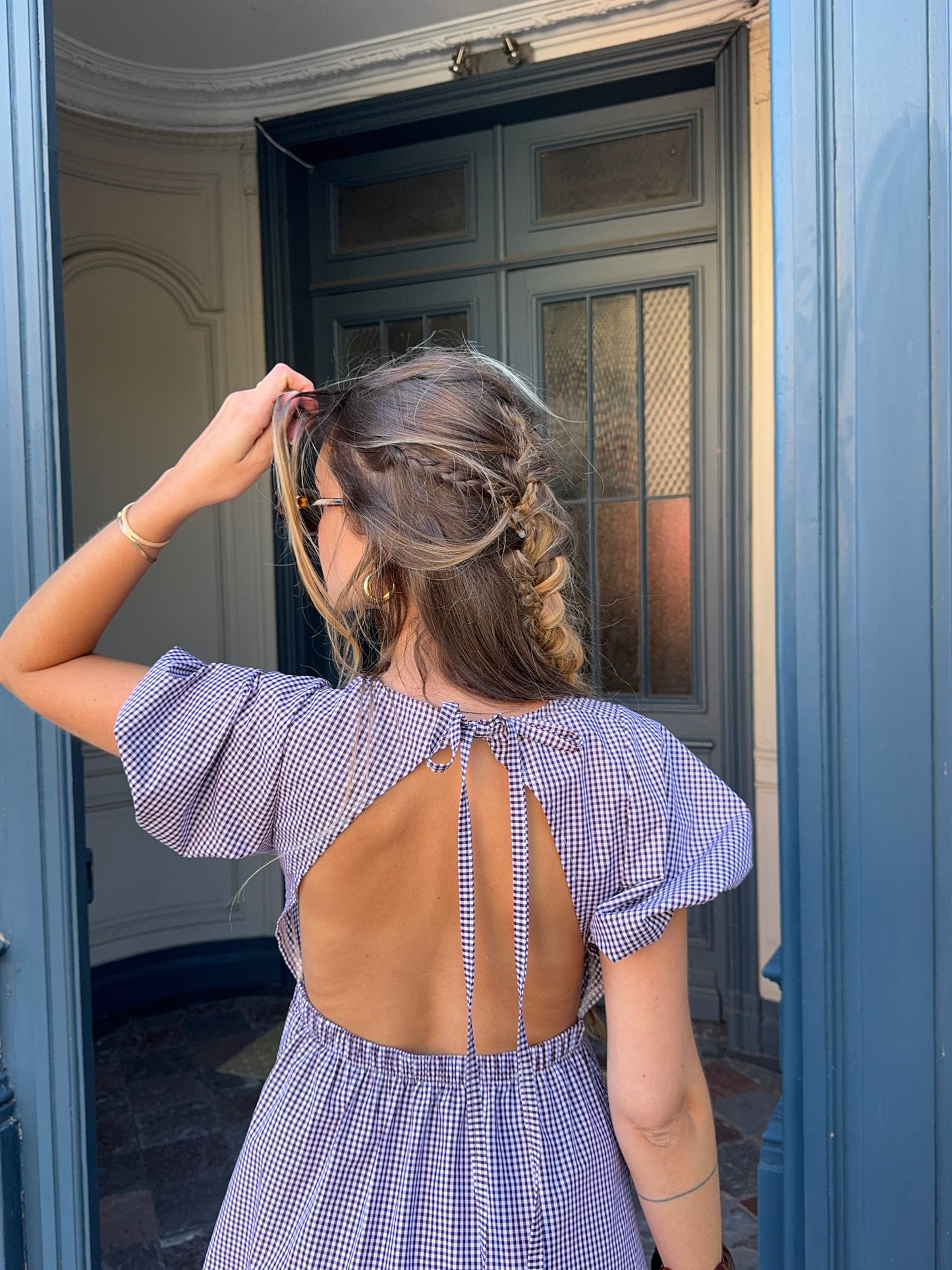Robe manches ballon vichy bordeaux