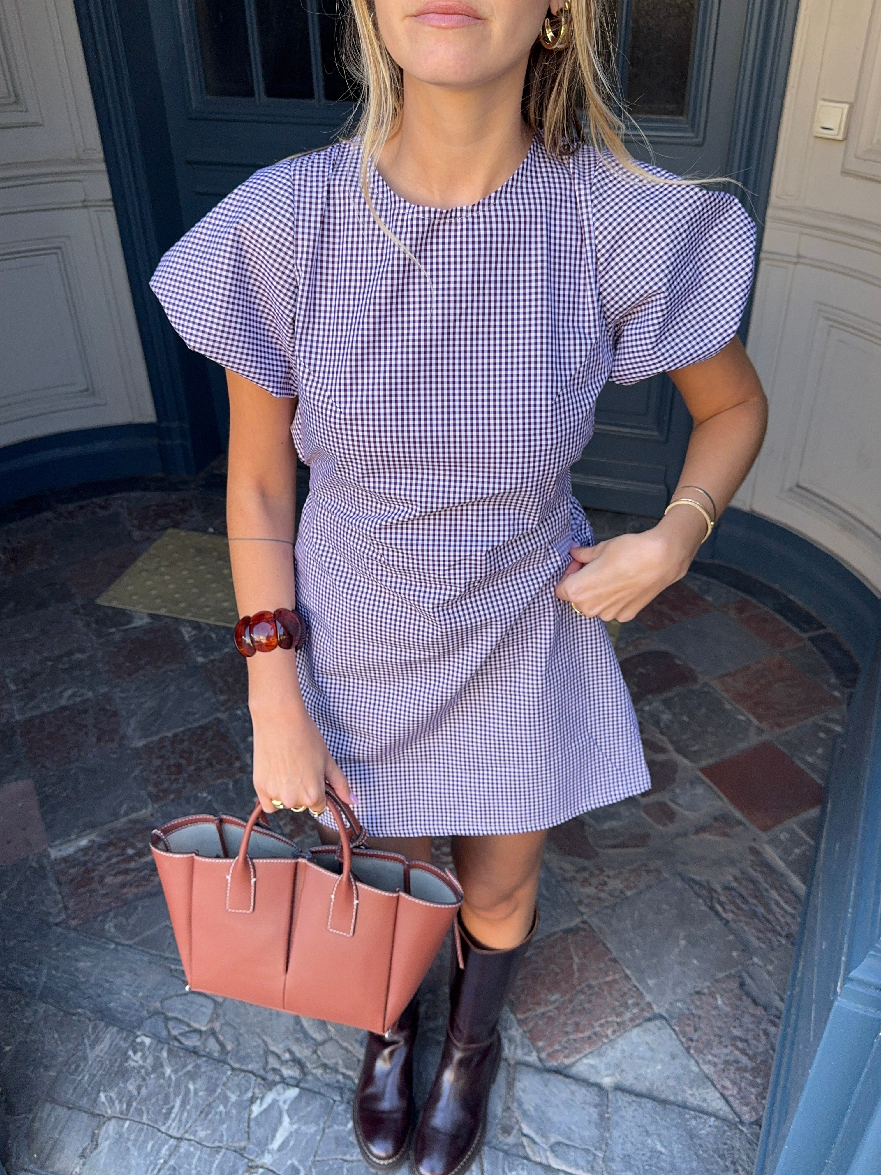 Robe manches ballon vichy bordeaux