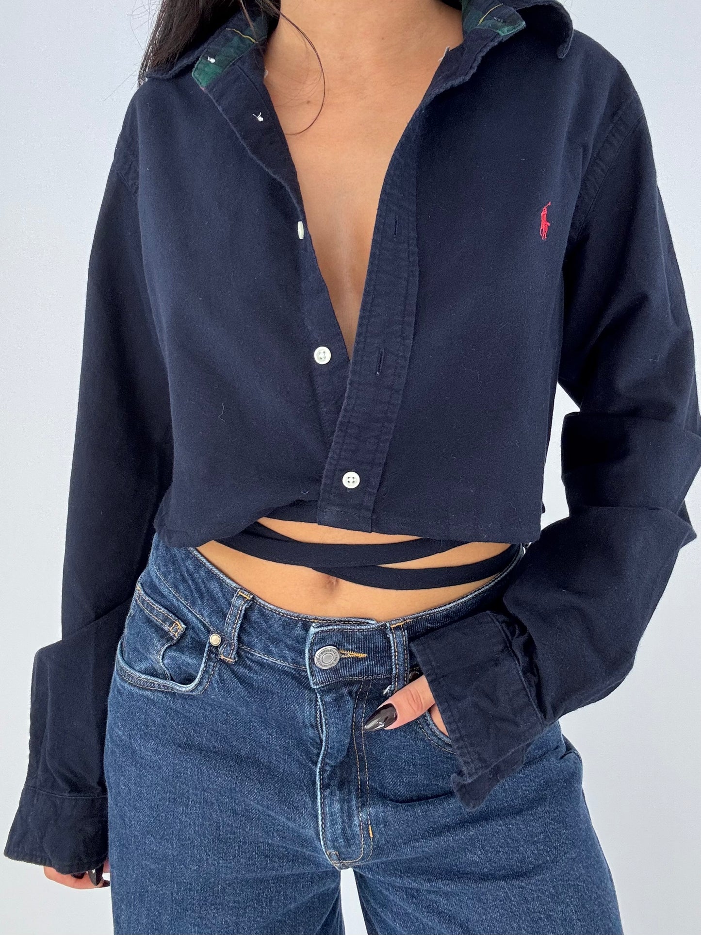 Chemise upcyclée dos nu marine