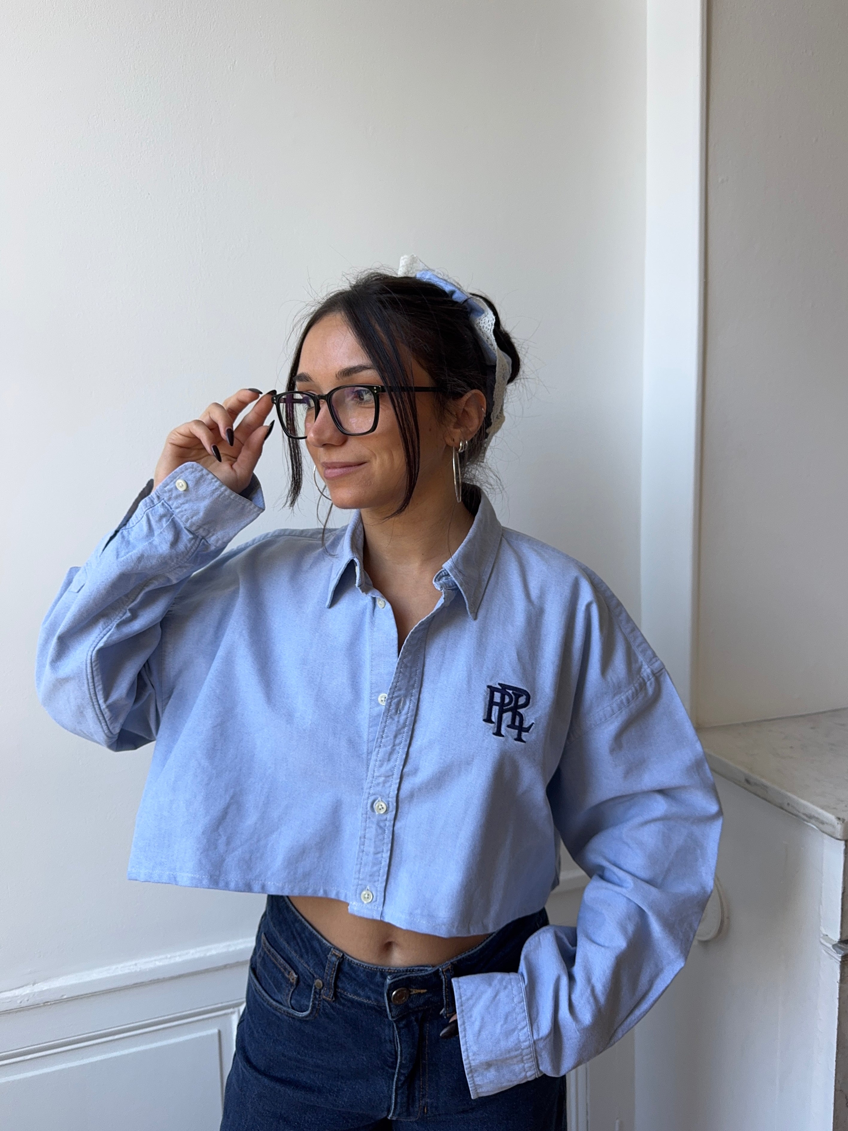 Chemise upcyclée dos nu oxford + chouchou