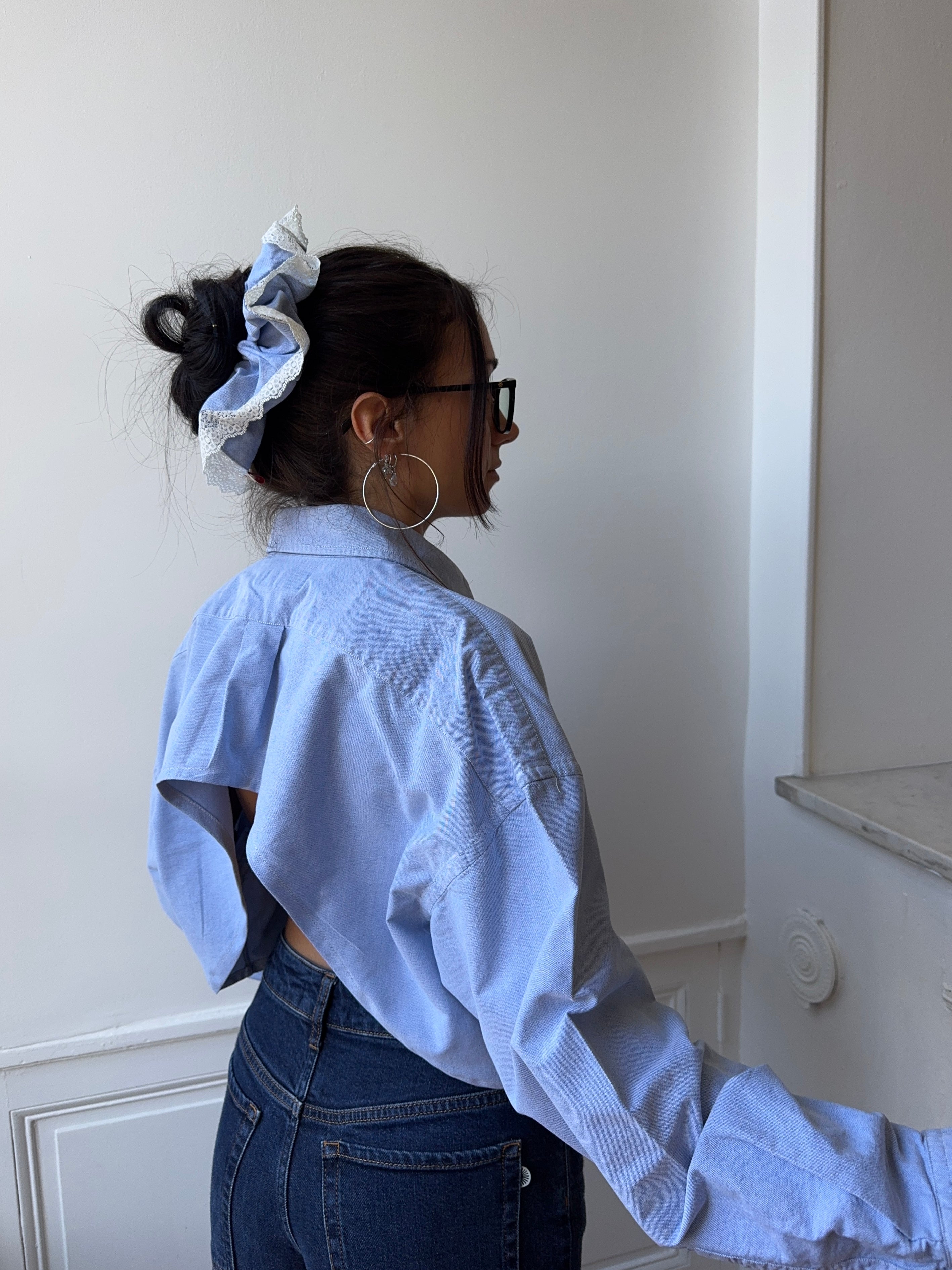 Chemise upcyclée dos nu oxford + chouchou