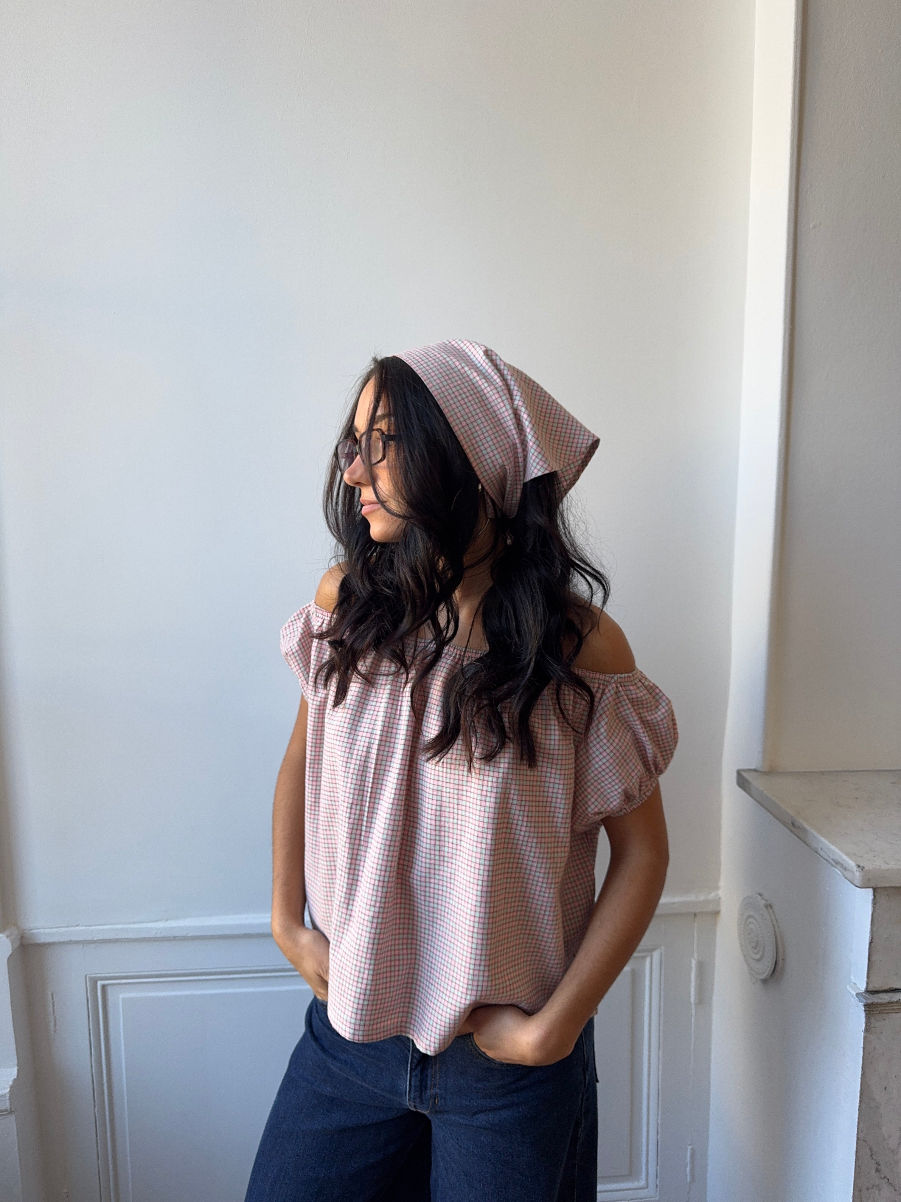 Blouse upcyclée à carreaux + foulard & chouchou