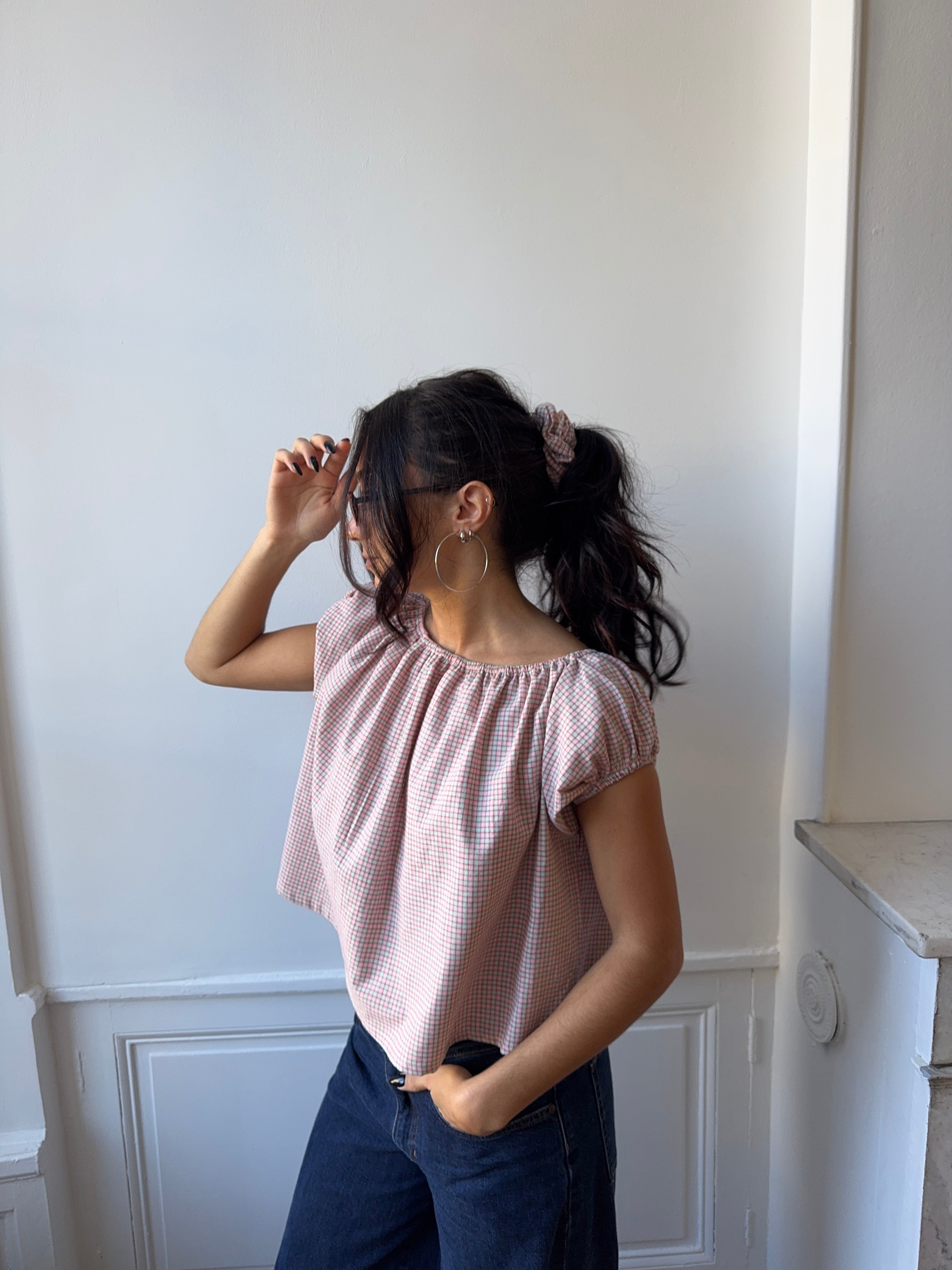 Blouse upcyclée à carreaux + foulard & chouchou