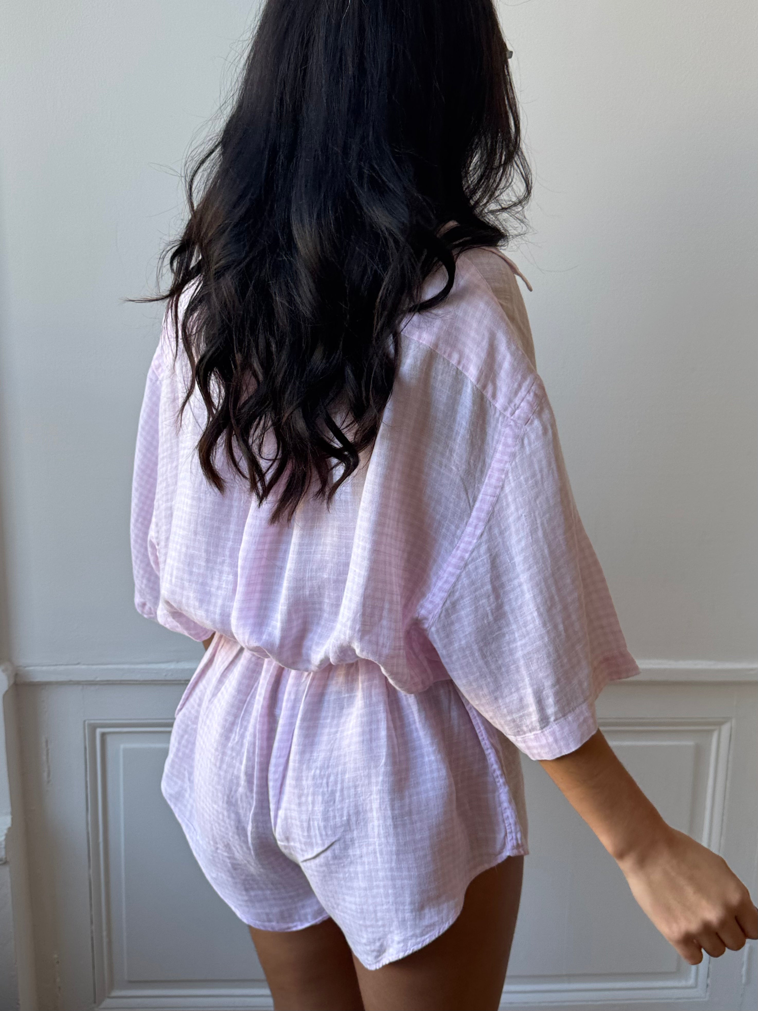 Combinaison upcyclée lin vichy rose