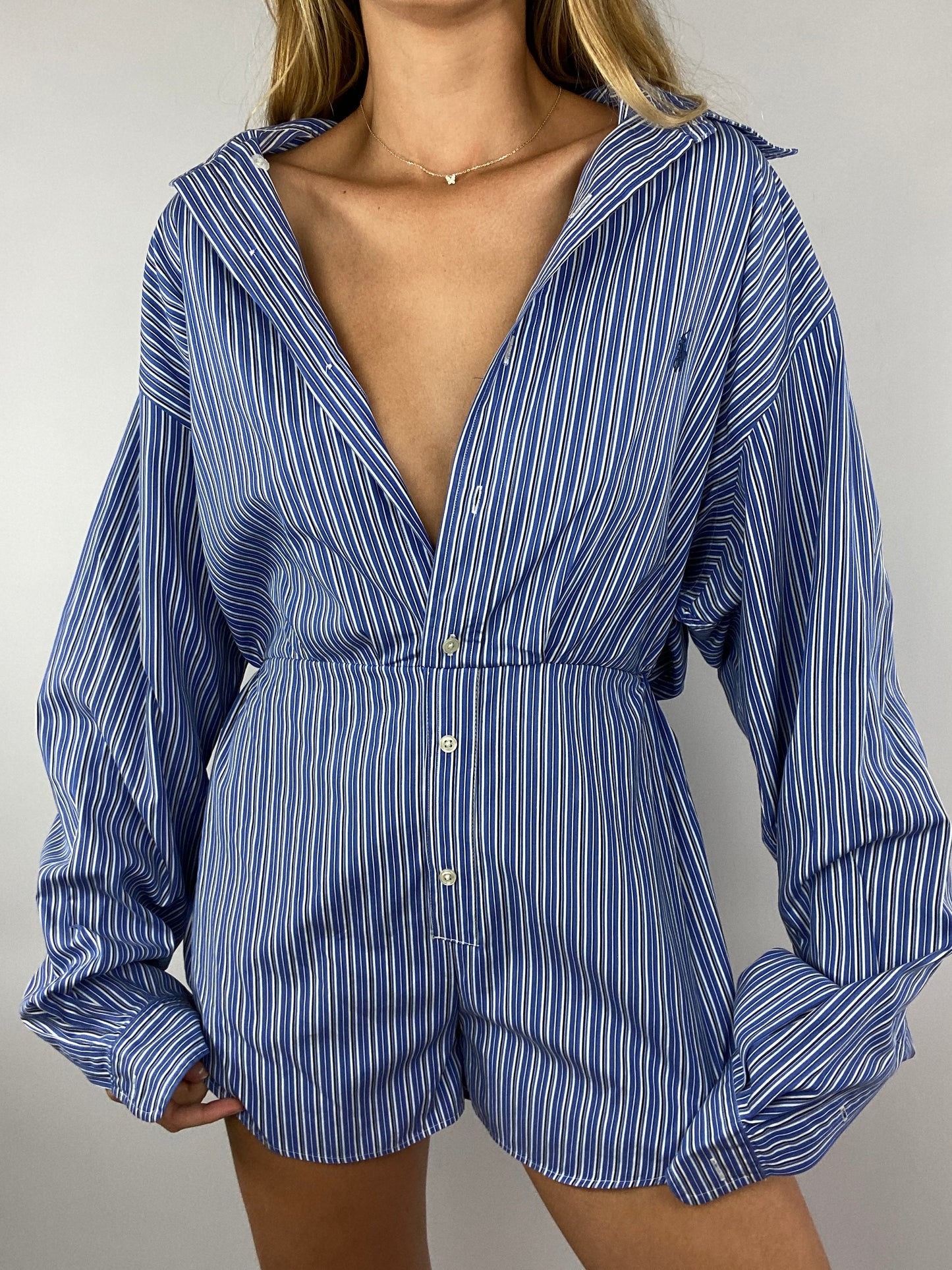 Upcycled blue striped jumpsuit