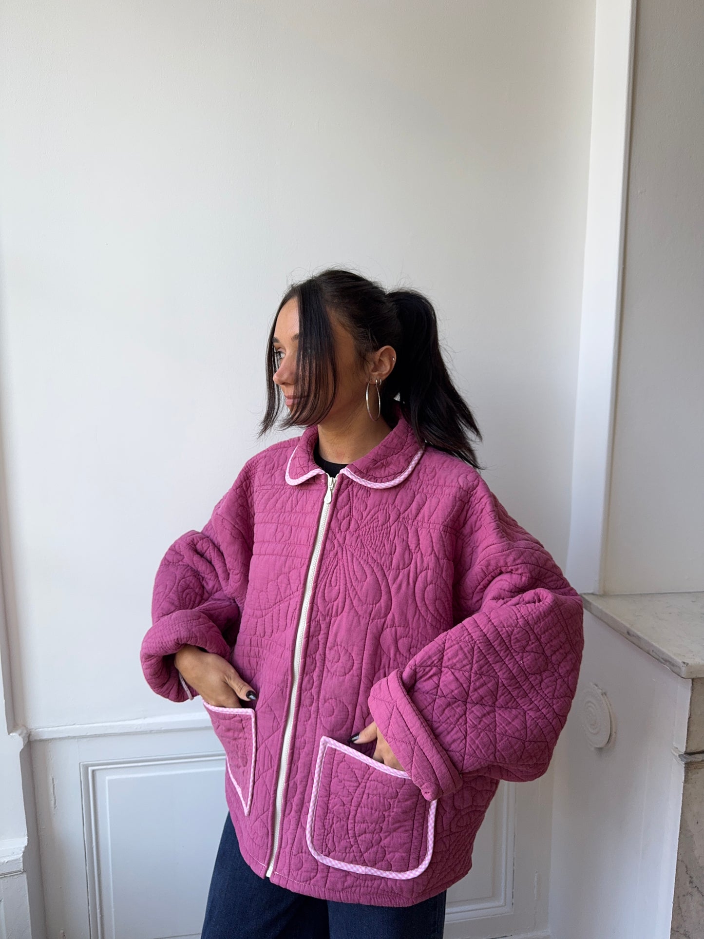 Veste upcyclée matelassée framboise