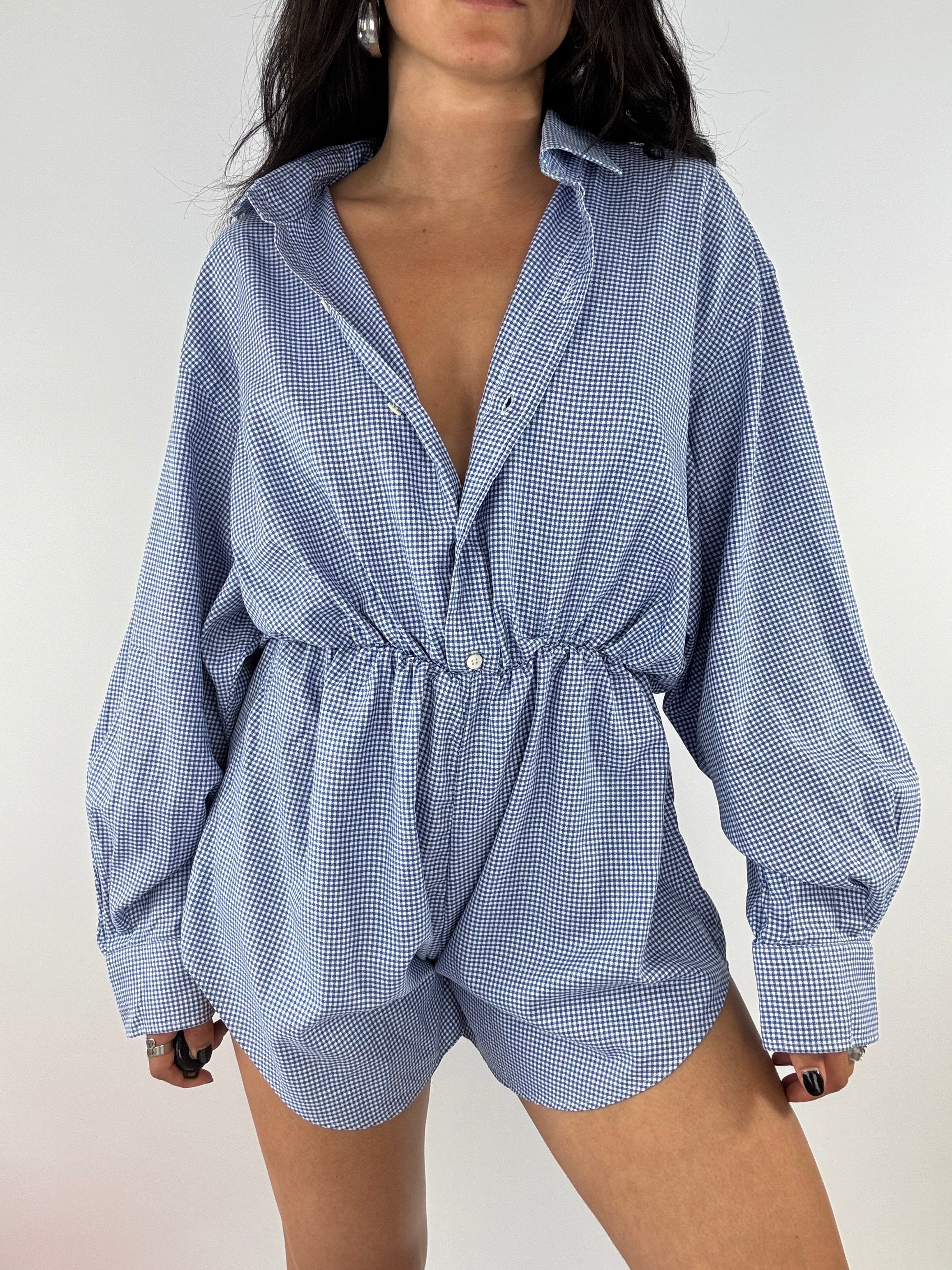 Combinaison upcyclée vichy bleu