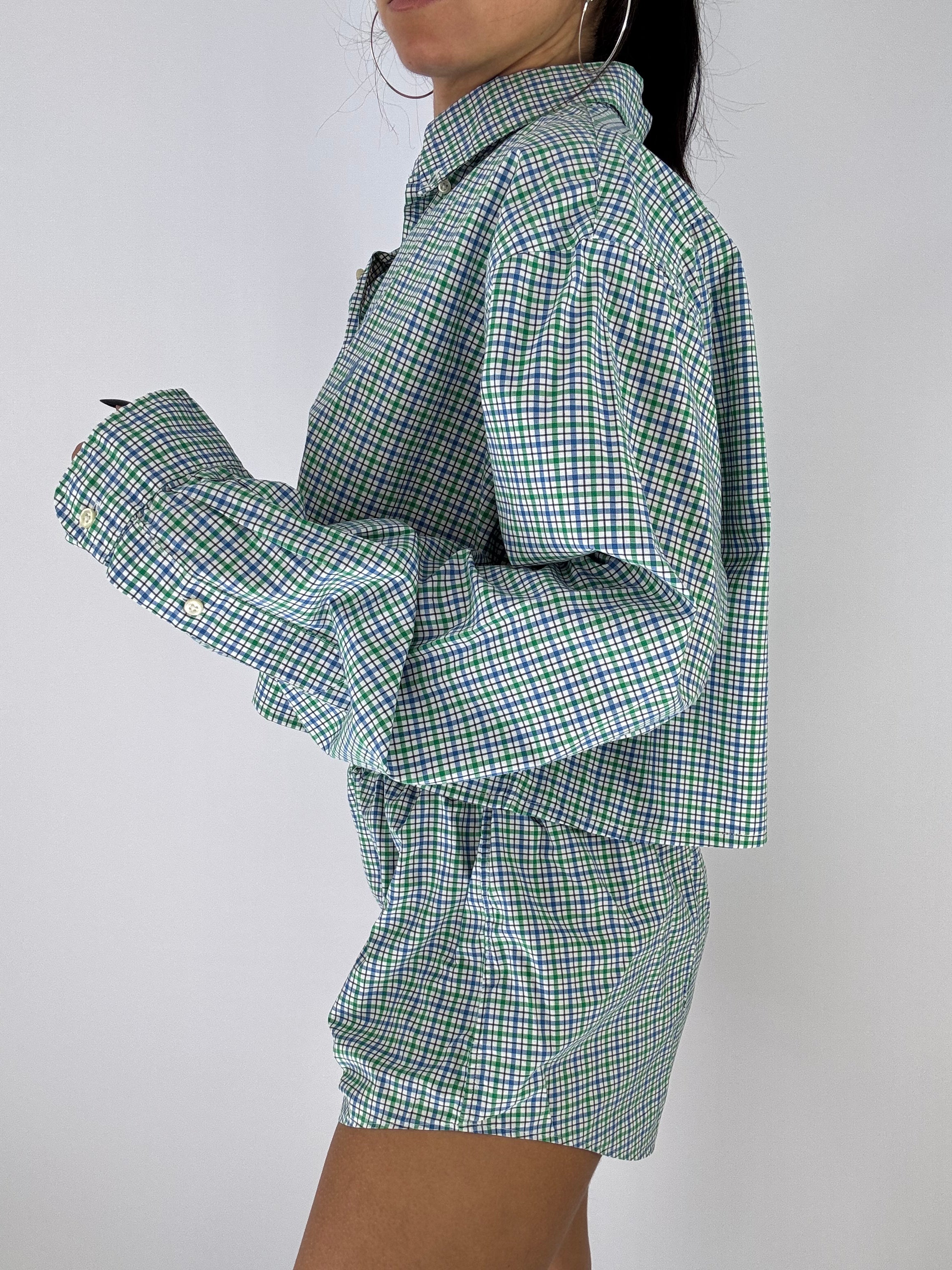Ensemble upcyclé à carreaux verts et bleus