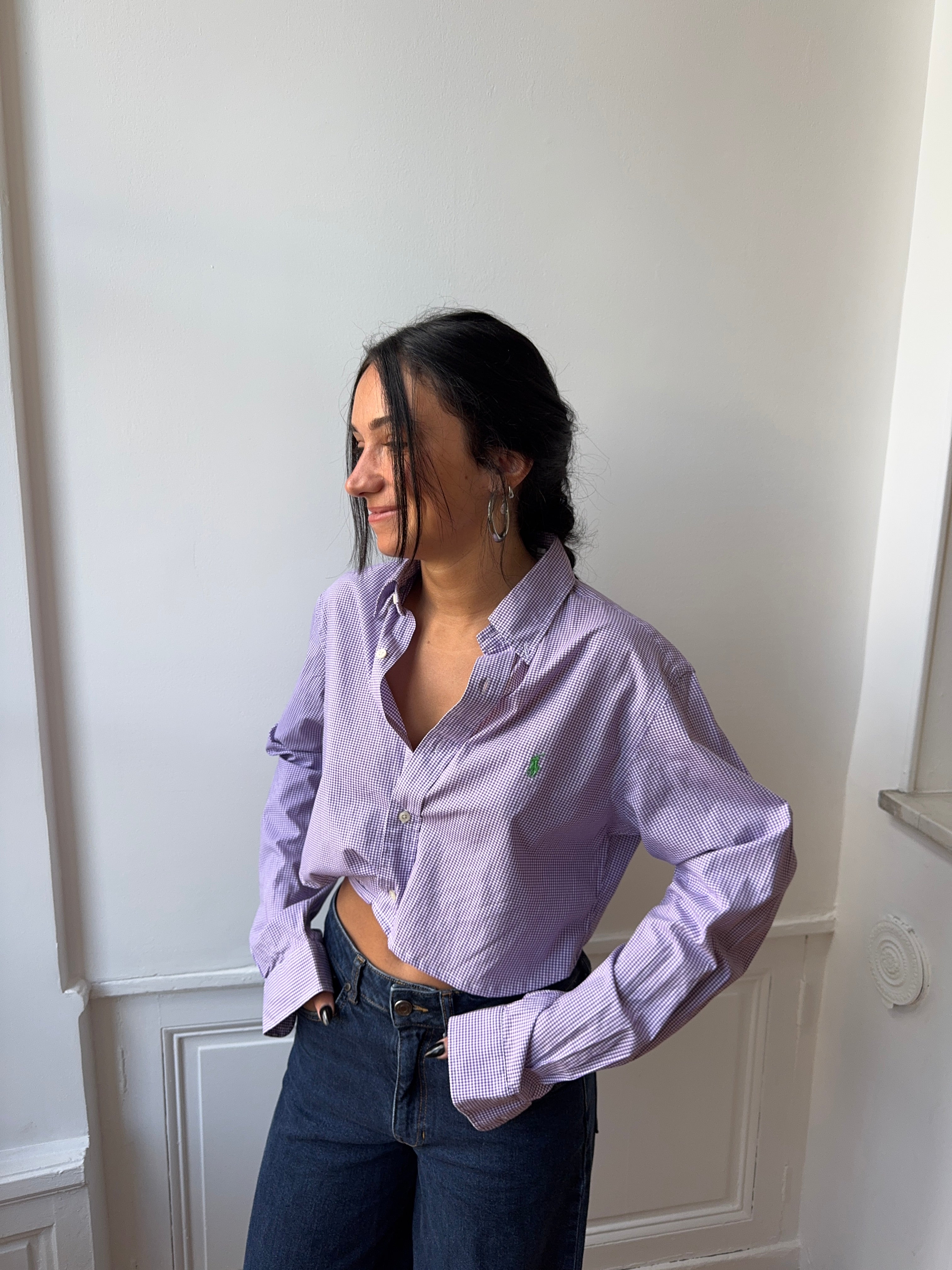 Chemise upcyclée dos nu vichy violet