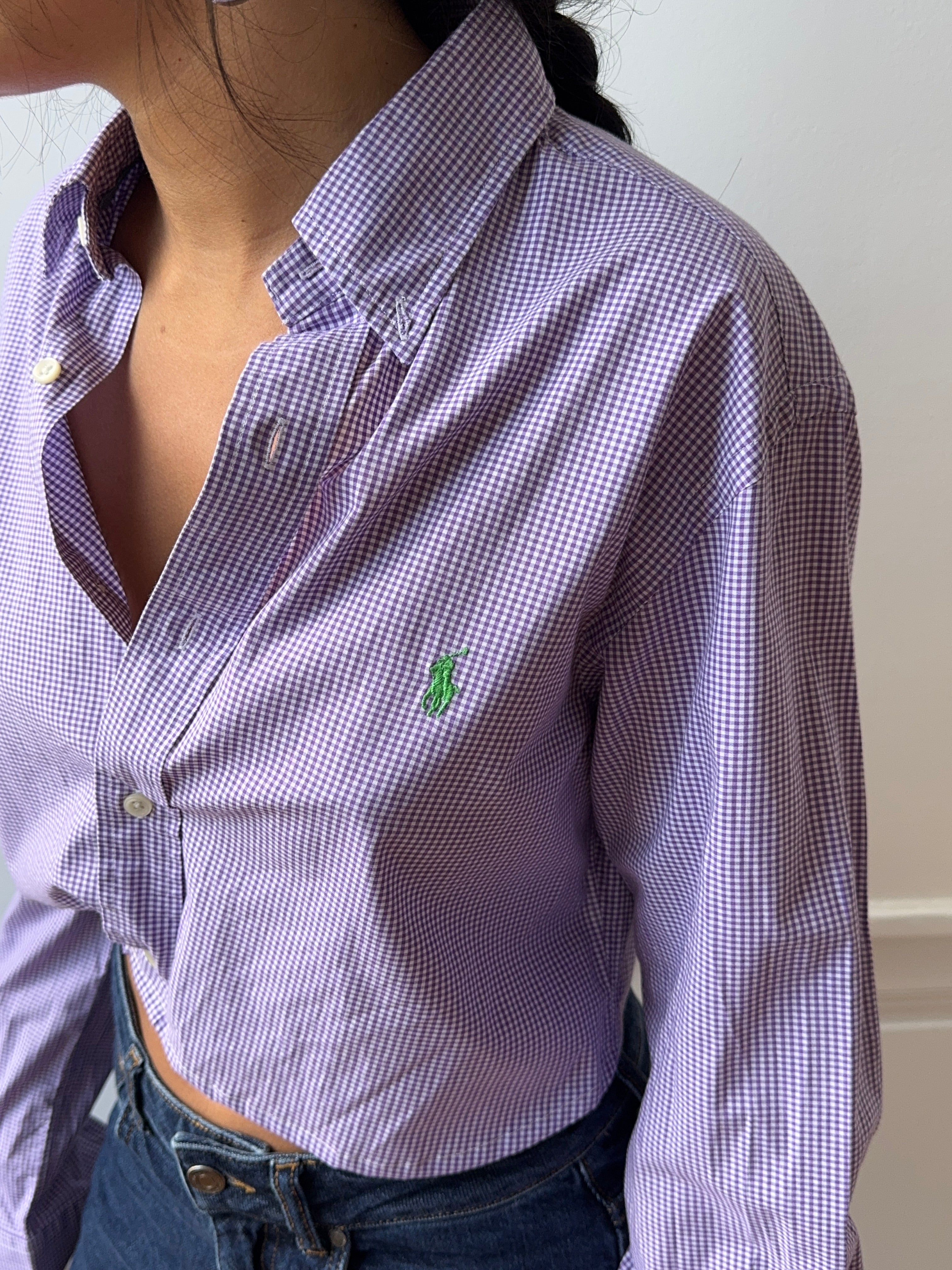 Chemise upcyclée dos nu vichy violet