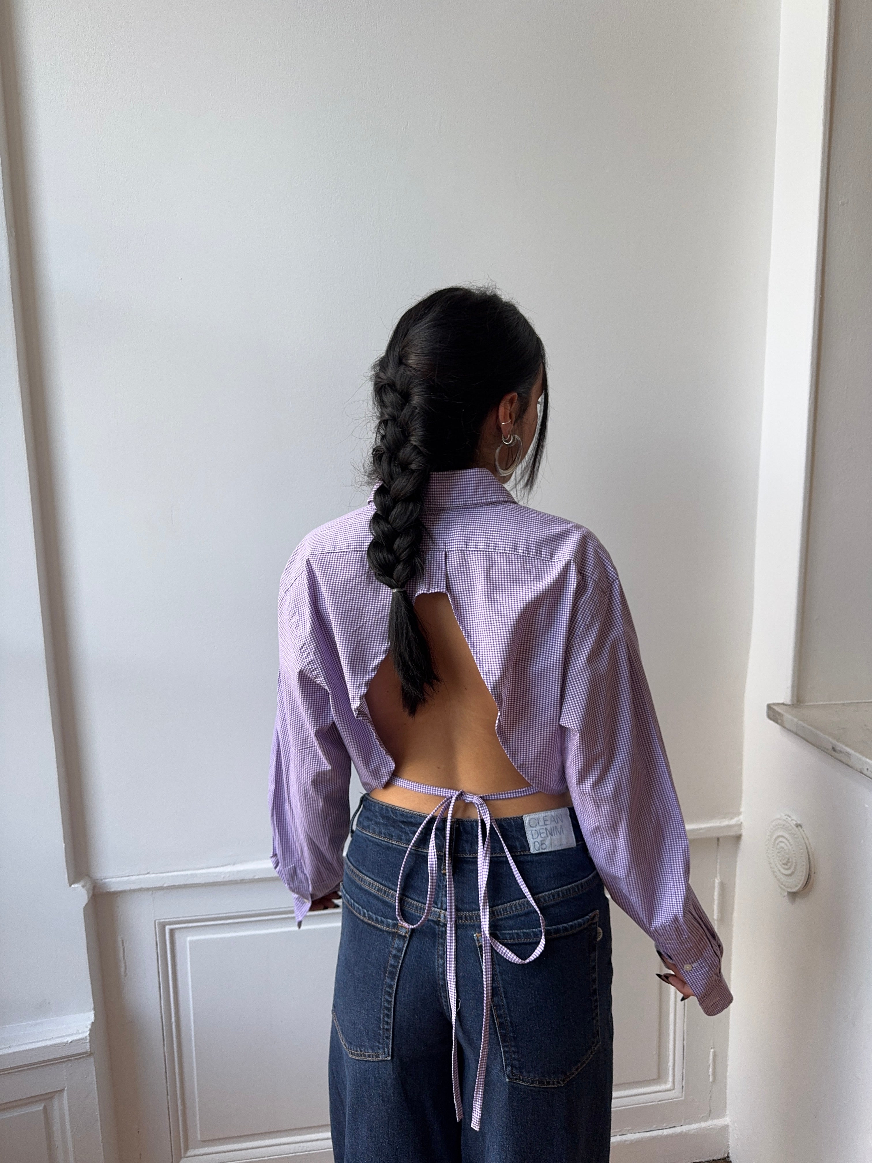 Chemise upcyclée dos nu vichy violet