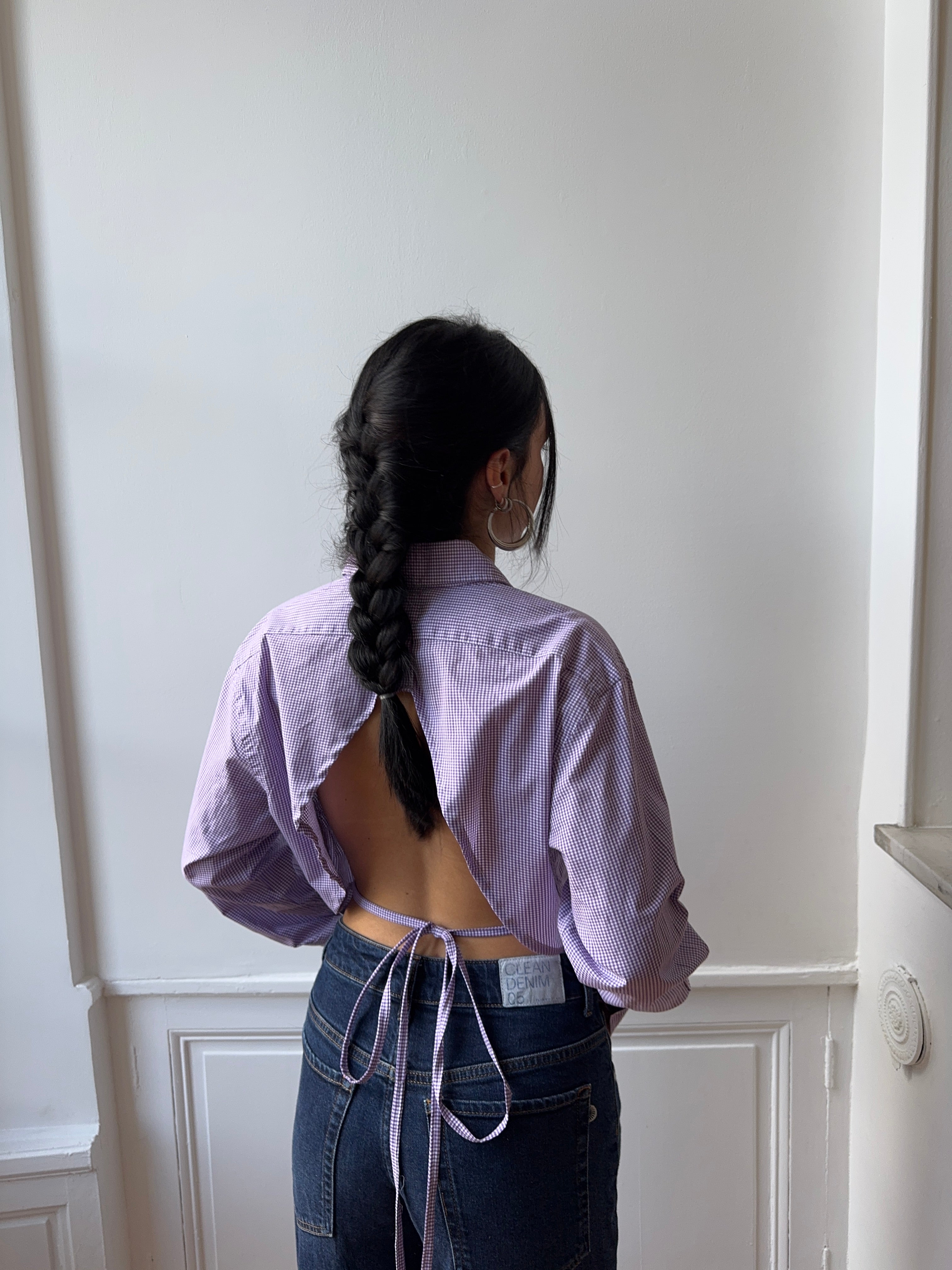 Chemise upcyclée dos nu vichy violet