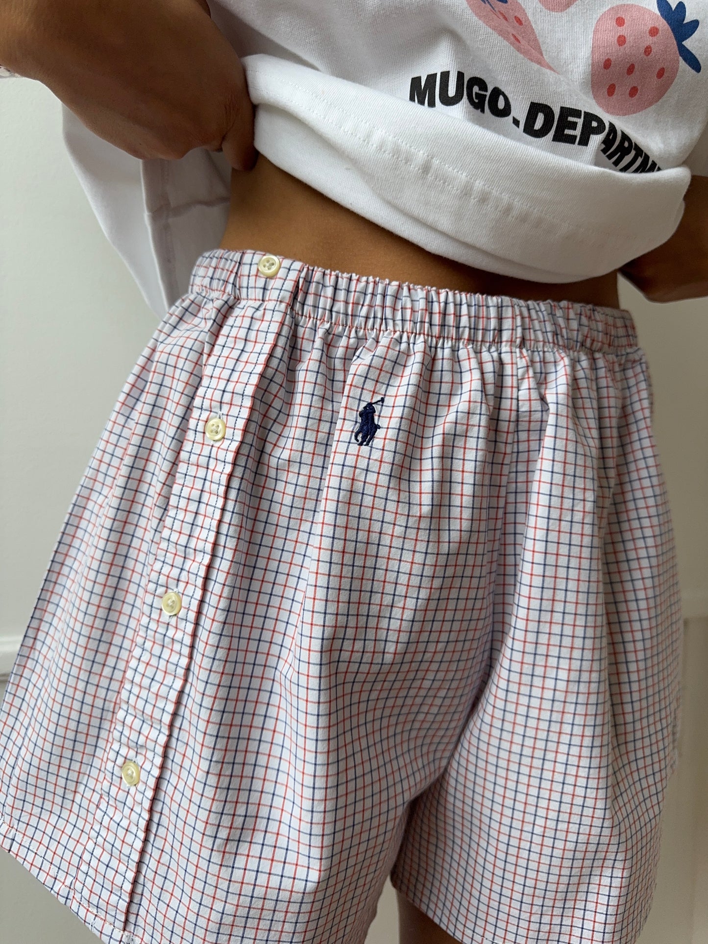 Caleçon short upcyclé blanc à carreaux