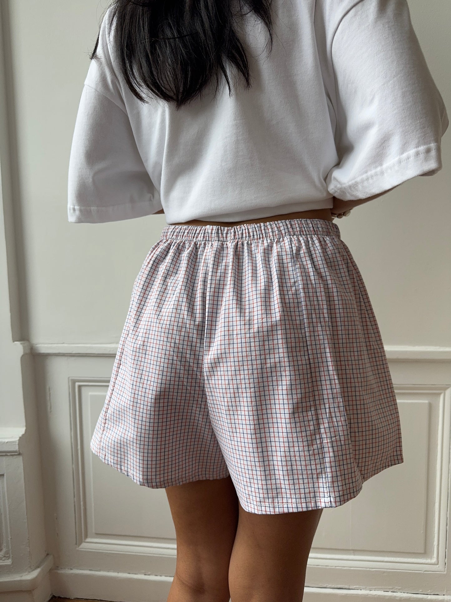 Caleçon short upcyclé blanc à carreaux