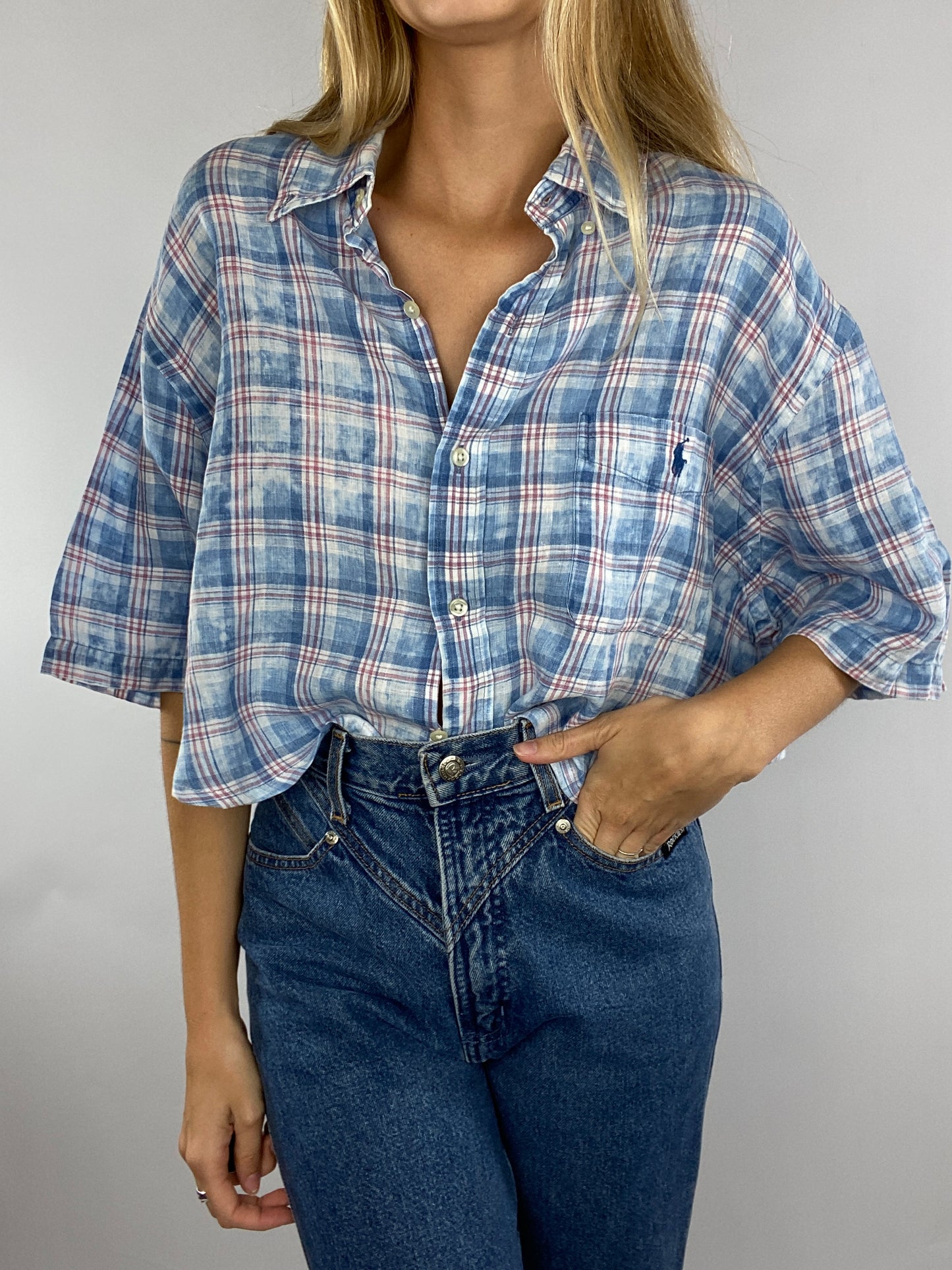 Chemisette upcyclée dos nu lin à carreaux