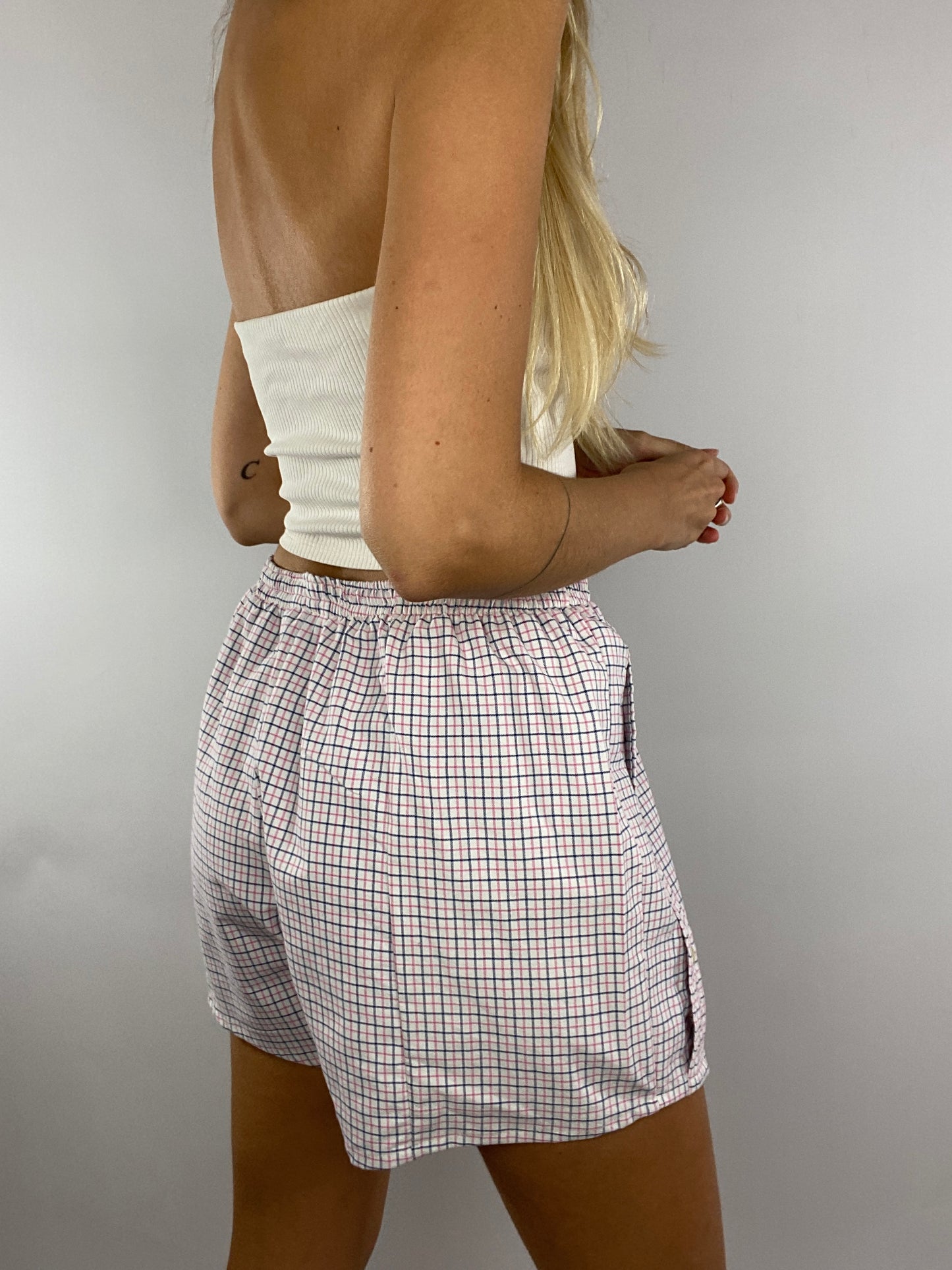 Caleçon short upcyclé blanc à carreaux