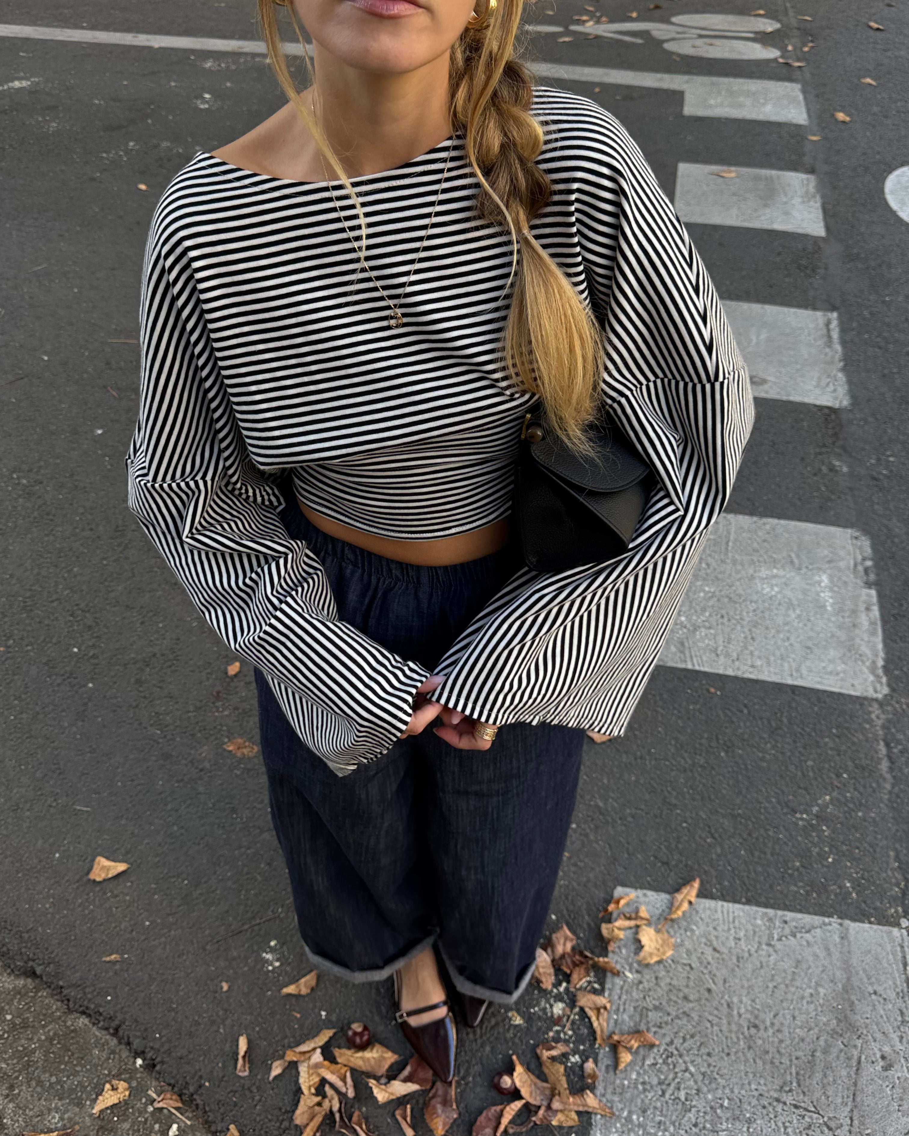 Top jersey à rayures blanches et noires