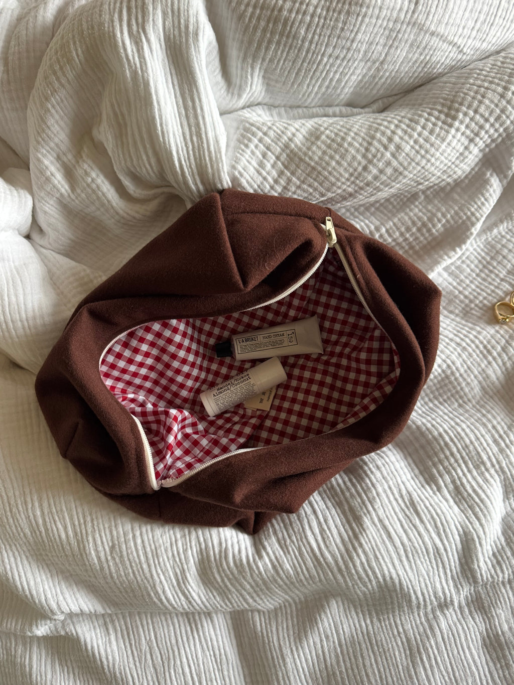 Trousse laine marron-bordeaux