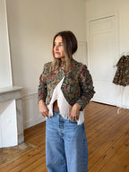 Upcycled patterned cropped jacket with fringe
