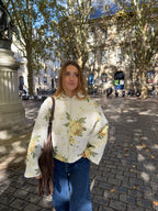 Veste upcyclée matelassée blanche à fleurs jaunes