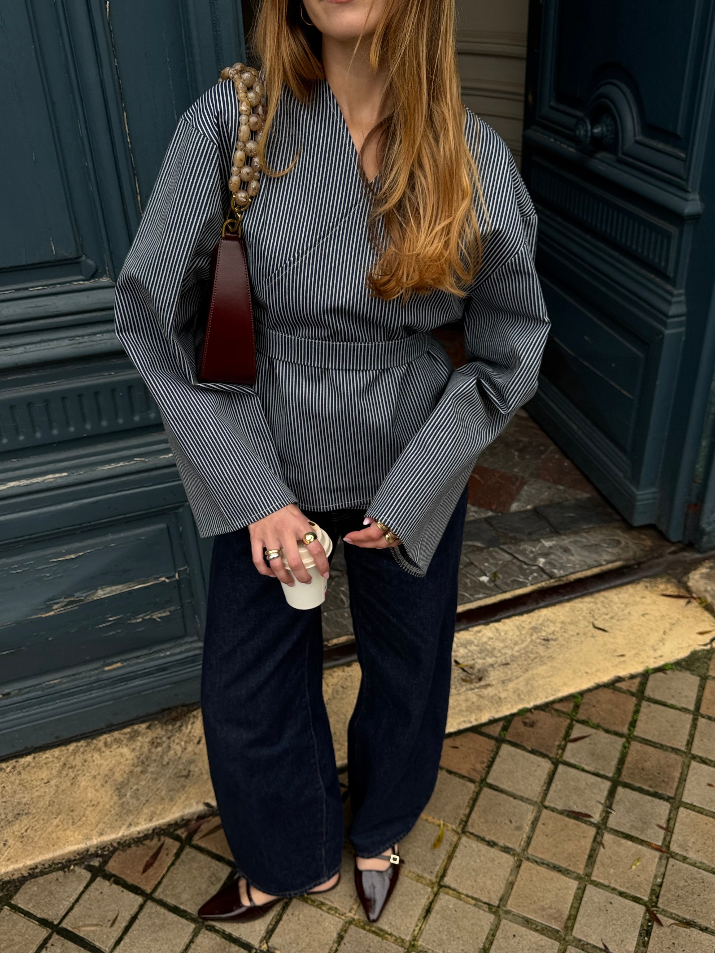 Kimono denim marine à rayures