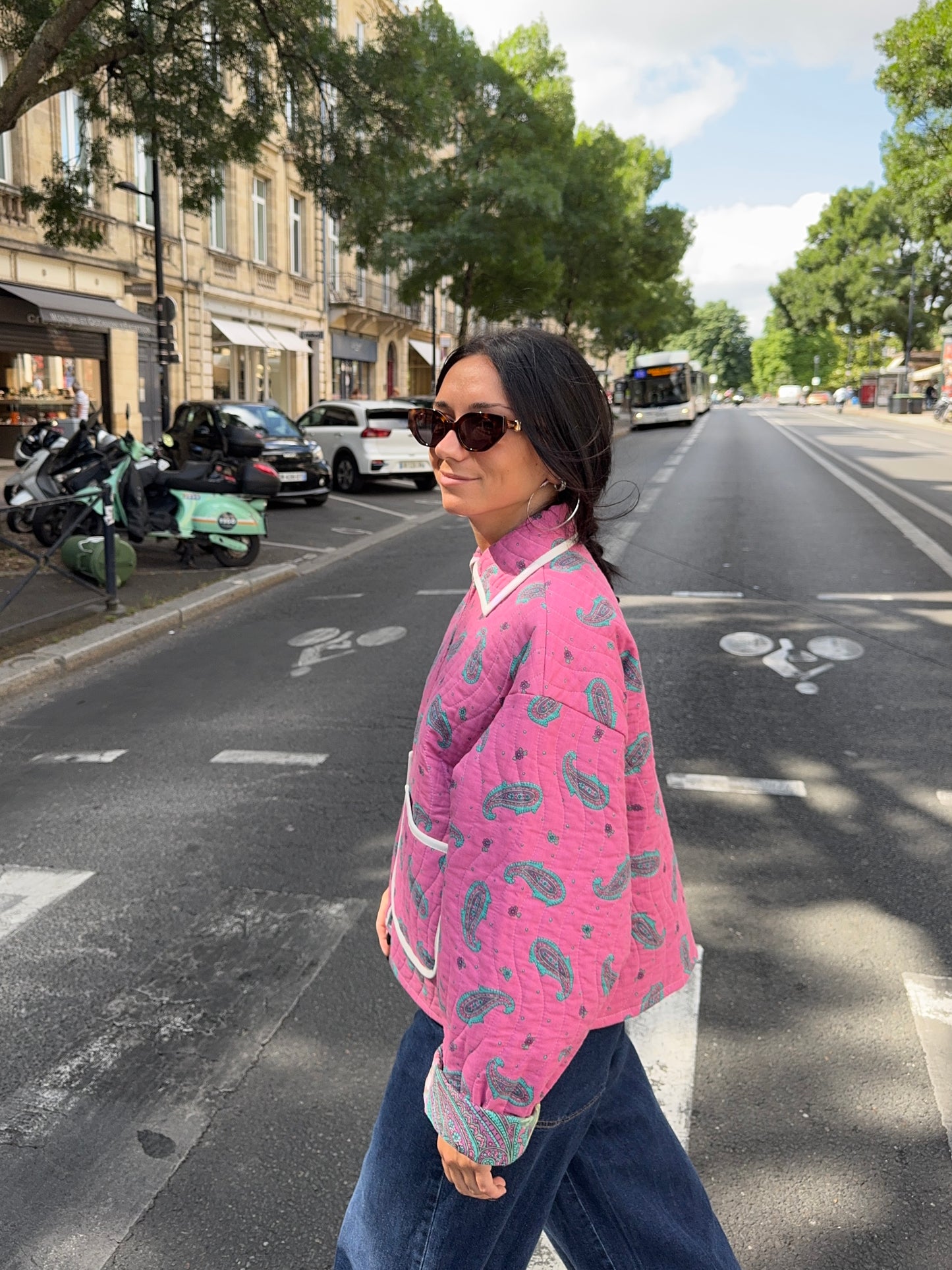 Veste upcyclée matelassée rose à motif
