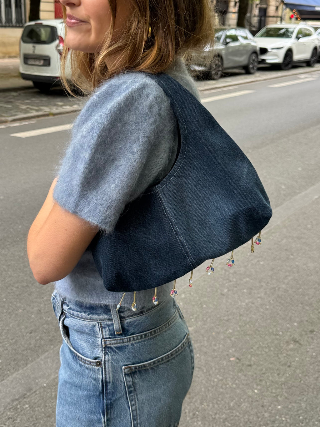 Sac upcyclé denim et perles