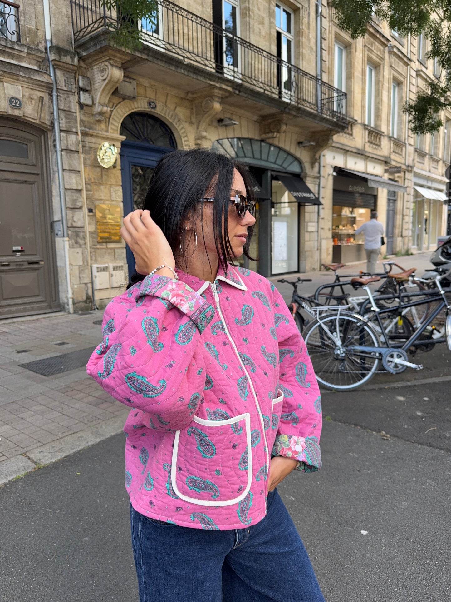 Veste upcyclée matelassée rose à motif